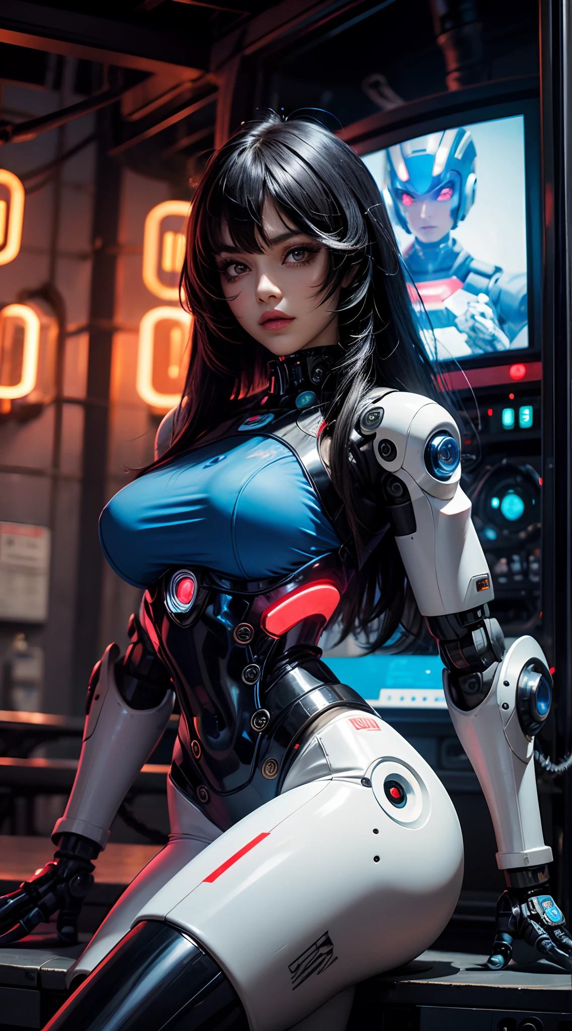 (masterpiece), best quality, detailed, looking at viewer, (robotic girl sitting:1.3), mechanical, (cyberpunk city in background), beret, orange eyes, silver long hair,blue hair, sigma 135mm lens, cowboy shot, night, from above, realistic, huge breast, perfect body, sexy looks, long thin legs,