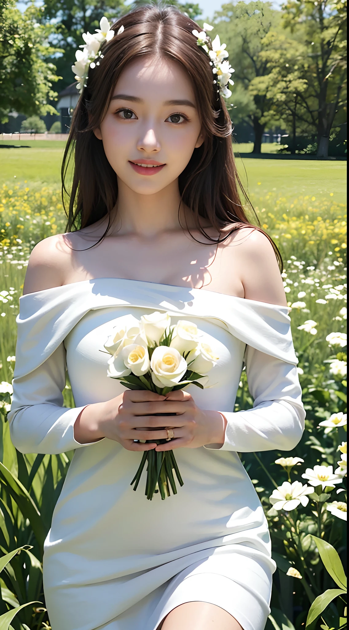 Best quality, masterpiece, ultra high res, (photorealistic:1.4), raw photo, 1girl, white dress, off shoulder, blossom flower field, glowing skin, light smile