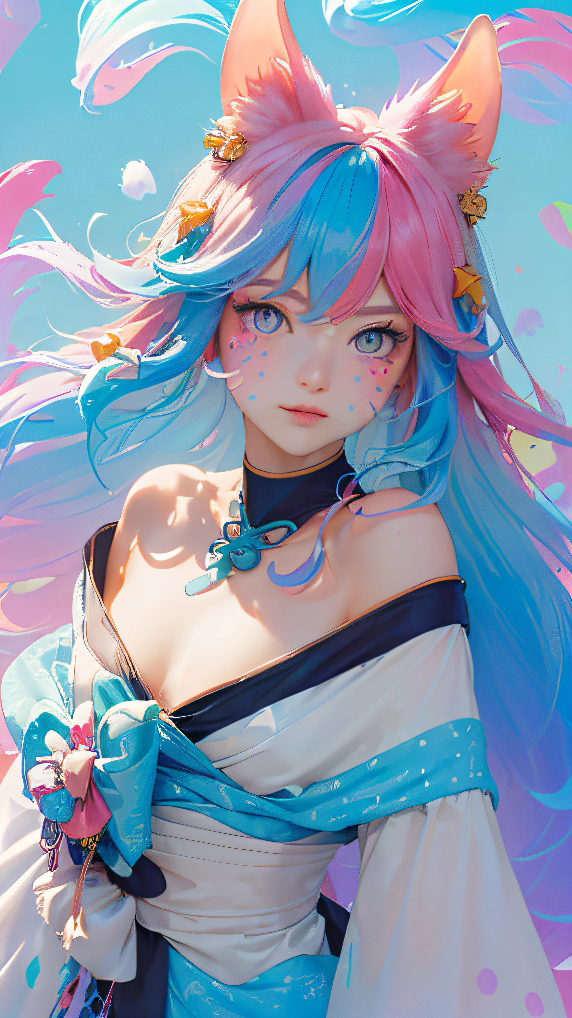 （Pink fashion t-shirt：1.9），(Colorful hair: 1.8), (All colors of the rainbow: 1.8),(((((Vertical drawing：1.6))), （drawing：1.6），front, Comics, Illustrations, Boards, big eyes, Crystal clear eyes,（ Rainbow color high ponytail gradient：1.7）, Great makeup, closed mouth,(Small fresh: 1.5),(Chest examination: 1.6) ，long lashes, White off-the-shoulder T-shirt, White shoulder shirt，looking at the audience, Big watery eyes, (Rainbow hair：1.6), Lone Splash, （独奏：1.8）, Lone Splash, Color explosion, Thick paint pattern, Chaotic lines, ((bright.))，(Colored), (Colored), (Colored), Colored, Thick paint pattern, (splash) (Lone Splash), Vertical drawing, Upper body, Splash Paint, Acrylic dye, gradient, color, Highest picture quality, Top  Quality, 巨作, 独奏, Depth-of-field, facepaint, colorful clothes, (stylish: 1.2), superb,long  hair, wind, (stylish: 1.3), (petals: 1.4)，(((巨作))),(((Best Quality))),((A highly detailed)),(illustration),(dynamic angle),((floating)),(color),((ldisheveled hair)),(独奏),(1girl) , (((Detailed structure))),((Beautiful detailed face)),collar,bare shoulders,White hair, ((Colorful hair)),((streaked hair)),Beautiful Detailed Eyes,(colourful, Gradient Eyes),(((colorful eyes))),(((Colorful background))),(((high saturation))),(((Surrounded by colored spots))),