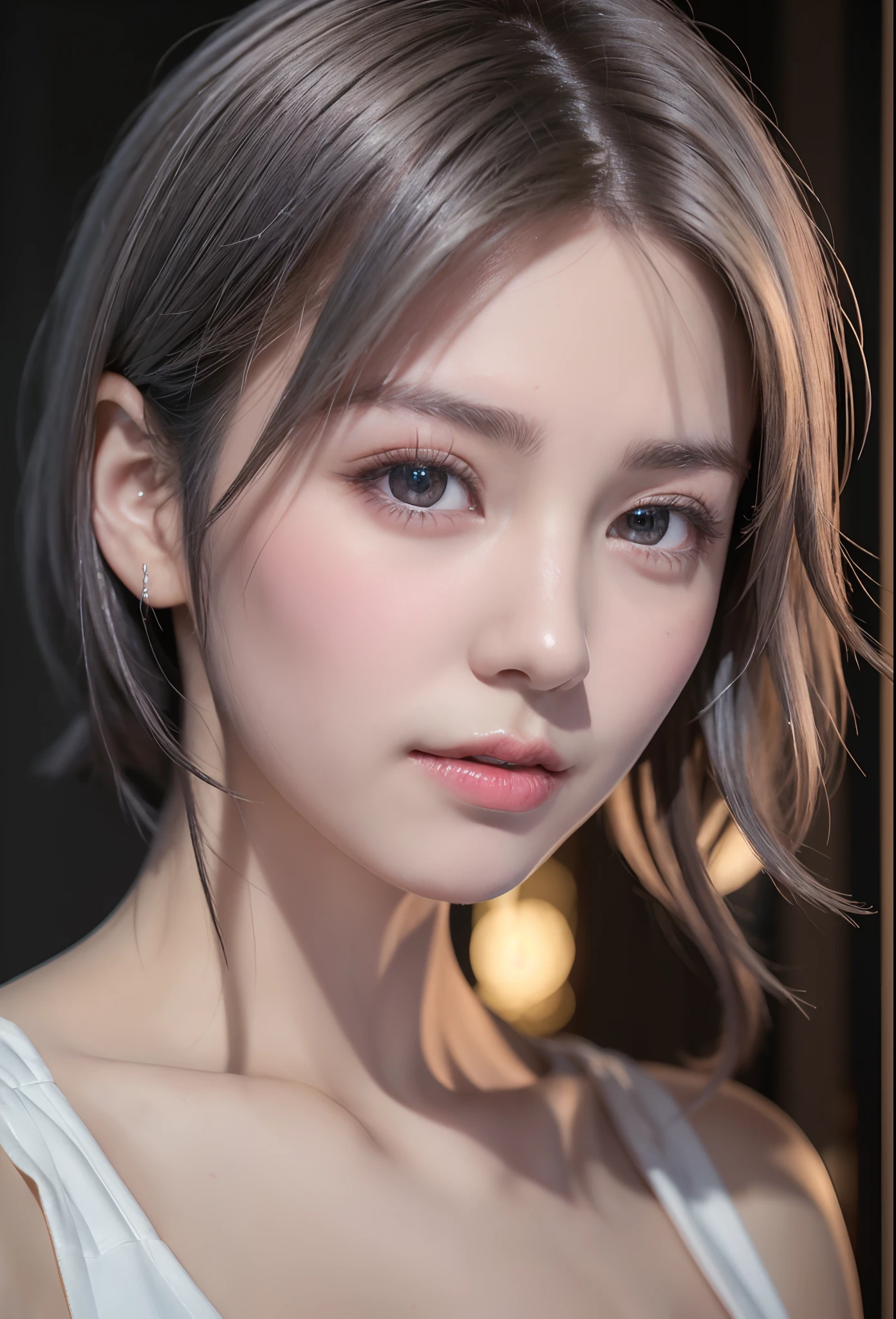 (8K, Photorealistic, Raw photo, of the highest quality: 1.3), (1girl in), Super beautiful, (Realistic face), (boyish, Silver Color Berry Shorthair), Beautiful , Glare that captivates the viewer, Beautiful expression, Beautiful breasts, (Realistic skin), Be...