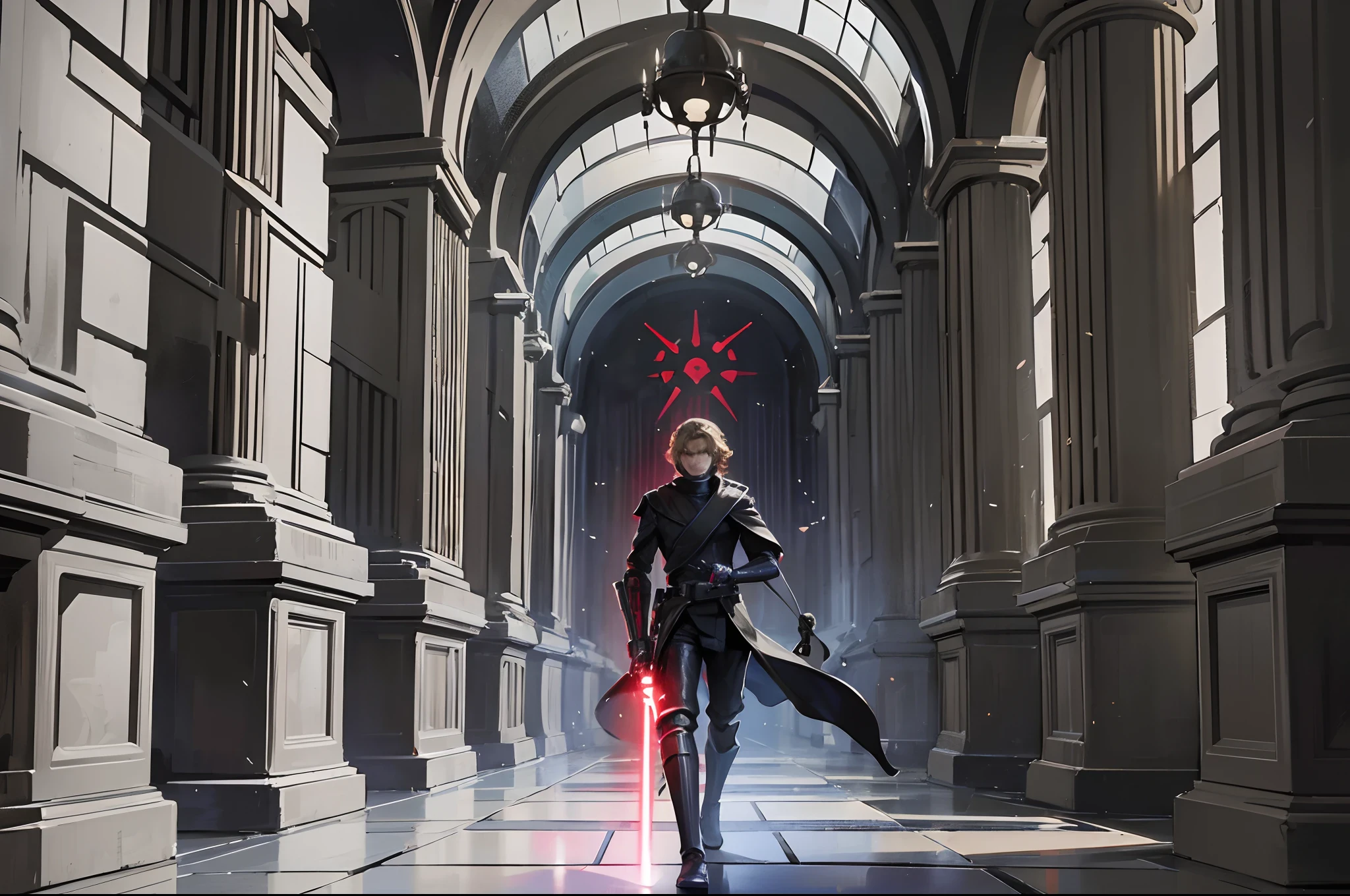 As Anakin Skywalker enters the temple, his red lightsaber illuminates the dark corridors, a symbol of his descent into darkness. The stormtroopers follow closely behind, their presence a reminder of the power and control of the Empire. --auto --s2
