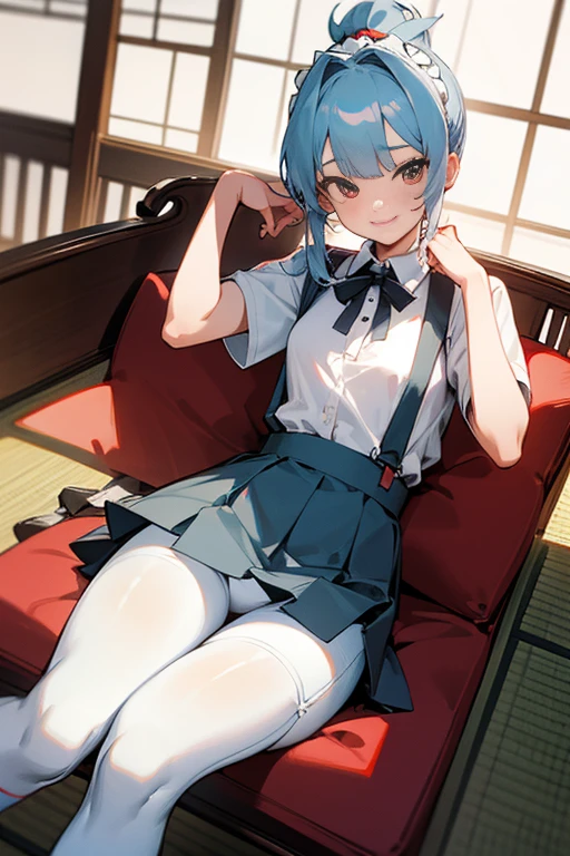Young girls,double-ponytail,Pale blue hair,red color eyes,JK school uniform,solo person,Maid skirt,white stockings,White knee-length socks,Suspenders,looking to the camera,in a panoramic view,Lying on the couch,Five black males,White T-shirt,denim pant,Smiling at the girl,Masterpiece,Best quality,Japanese style binding,tatami mats,bedroom background,4k,Outstanding work。