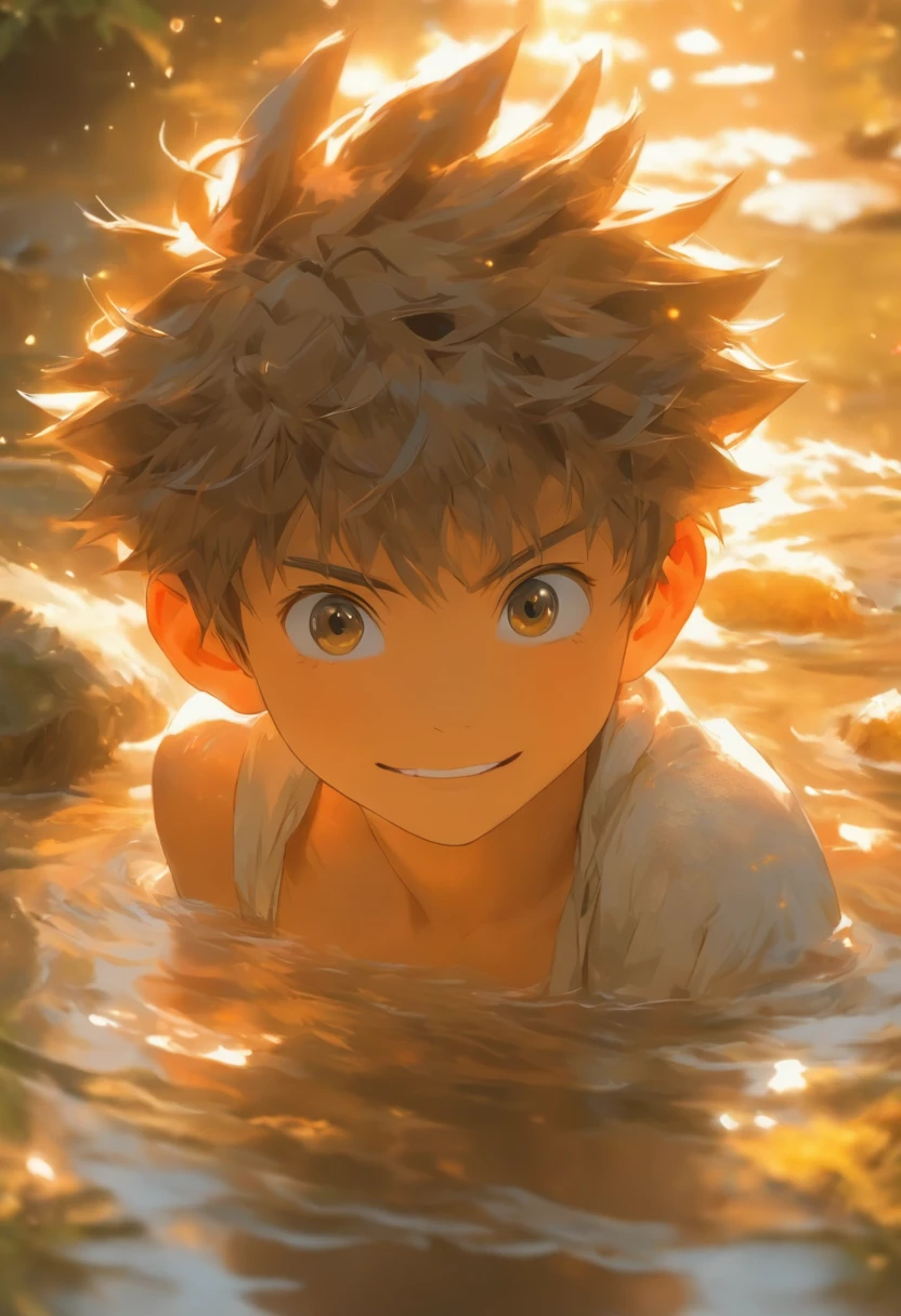The image was taken with a high-resolution camera,Close-up of the boy's face,The fine details of the scene are shown。The color palette is dominated by gold and white,Create an atmosphere of harmony and peace。The composition follows the rule of thirds,The boy stood beside the babbling of the brook in the early morning,There are faint waves of water,Clear。The boy is on the left side of the frame looking at the camera,Smiling,teeth showing,Plenty of room to breathe for the stream and the sky。The camera angle is slightly tilted,Add dynamic elements to a static scene。The light is soft and diffuse,A soft shadow was cast on the man's face。The boy's eyes are clear and bright, and the overall style is reminiscent of Impressionism,Loose strokes,It has a fantastic texture。