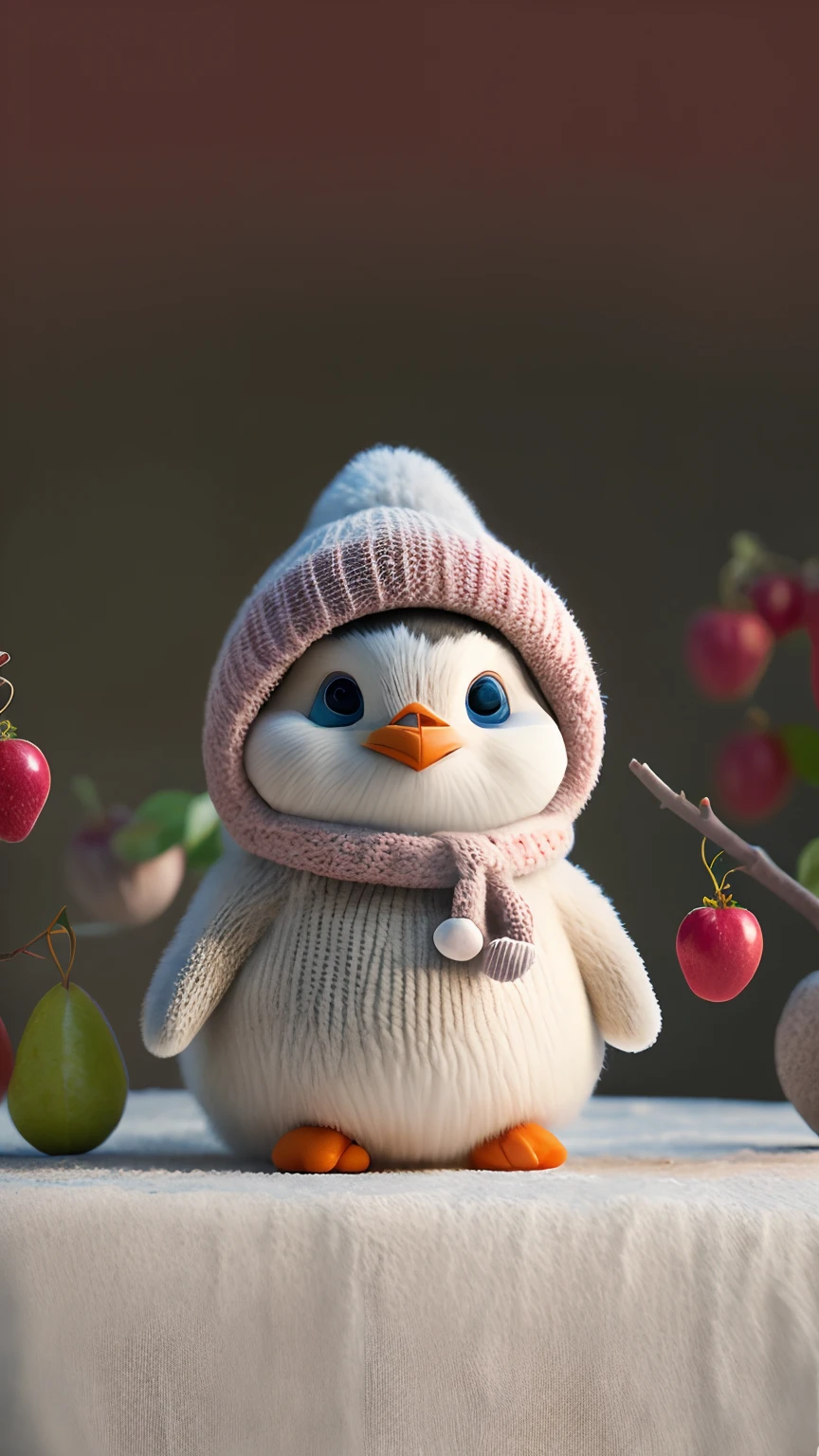 (masutepiece, Award-winning, Best Quality, High resolution) 3d illustration, 1 cute furry penguin, put on clothes, lying on a bed of juicy and ripe fruits,, Surrounded by colorful fruit gardens.