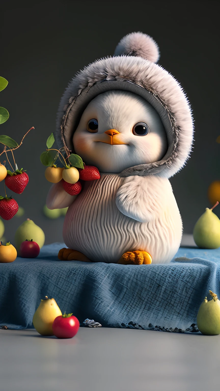 (masutepiece, Award-winning, Best Quality, High resolution) 3d illustration, 1 cute furry penguin, put on clothes, lying on a bed of juicy and ripe fruits,, Surrounded by colorful fruit gardens.
