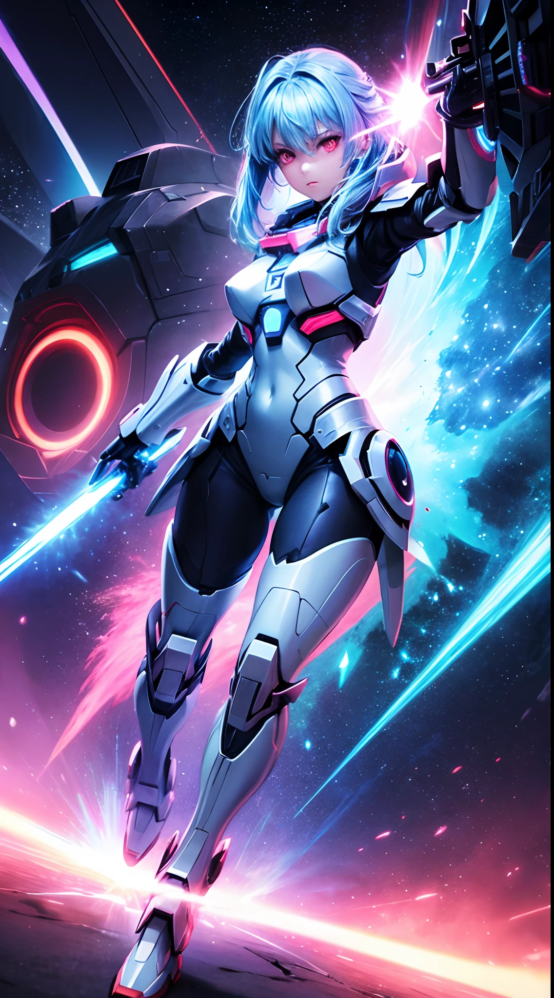 Game Character, Female, Perfect Body, Super Cute, Sad, Light Blue Hair, Neon Glowing Red Eye, Shooting Beam, Rainbow Aura Body, Neon Glow, Mechanical Wing, Supernova Power, Gundam Armor, Space War Theme, Fighting Stance, 3D, Realistic, HDR, Anime, HD, Background, RTX, 2K, Masterpiece.