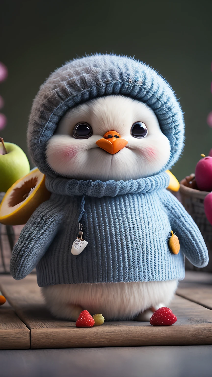(masutepiece, Award-winning, Best Quality, High resolution) 3d illustration, 1 cute furry penguin, put on clothes, lying on a bed of juicy and ripe fruits,, Surrounded by colorful fruit gardens.