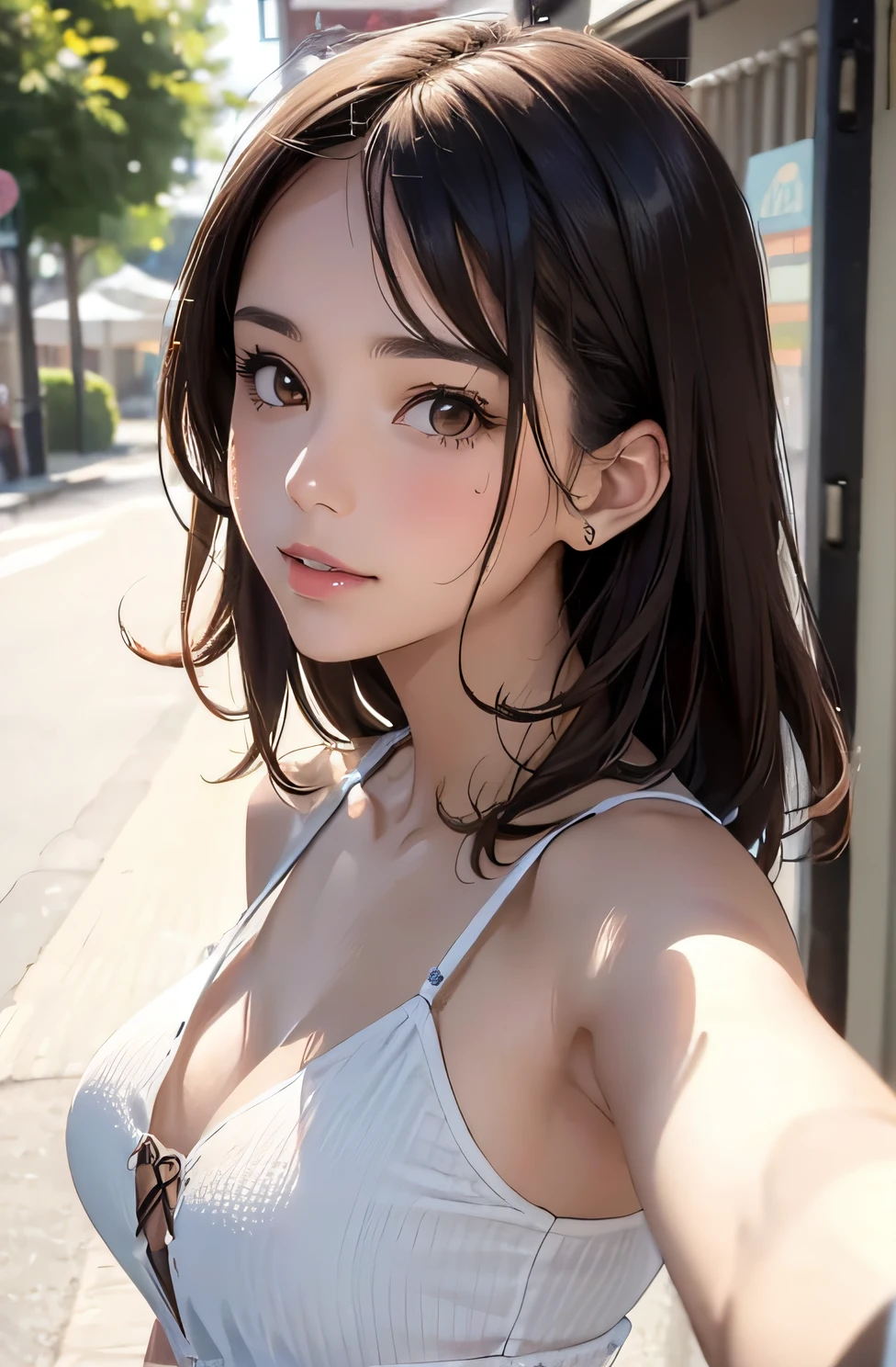 girl in summer clothes, top shot,((selfie)), brown eyes, random background, kiss, beautiful, medium breasts, flirtatious look, ((very detailed)), (perfectly detailed face), (well detailed hand), photorealistic image.