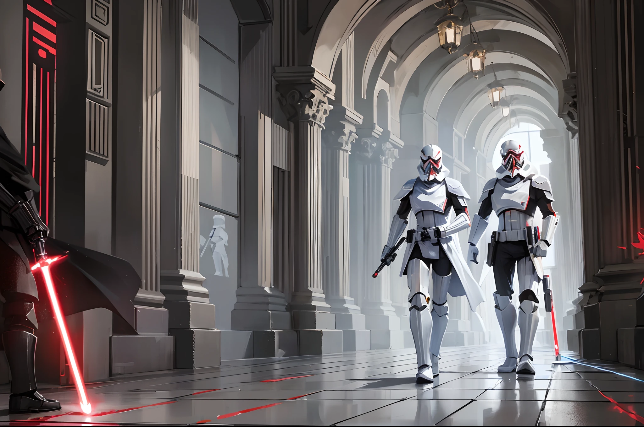 As Anakin Skywalker enters the temple, his red lightsaber illuminates the dark corridors, a symbol of his descent into darkness. The stormtroopers follow closely behind, their presence a reminder of the power and control of the Empire. --auto --s2