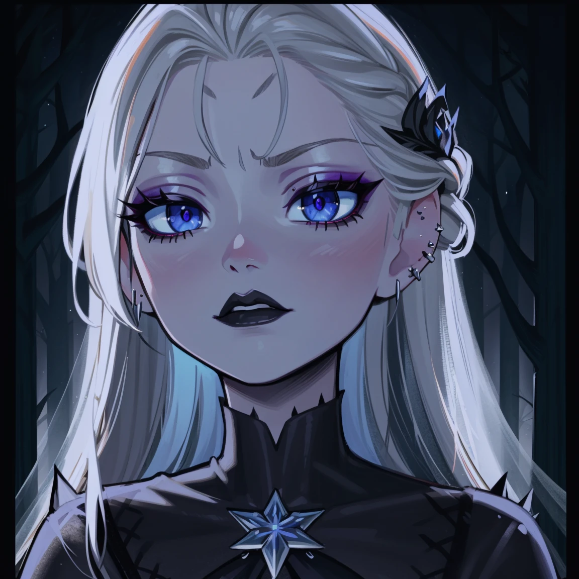 Elsa, autumn forest background, detailed, detailed, detailed, beautiful, detail, goth girl, masterpiece, dark night background, gothic, goth, goth, detailed, goth girl, piercings, detailed face, looking viewer, Elsa, (Dark eye shadow) dark eye shadow, black eye shadow, Elsa