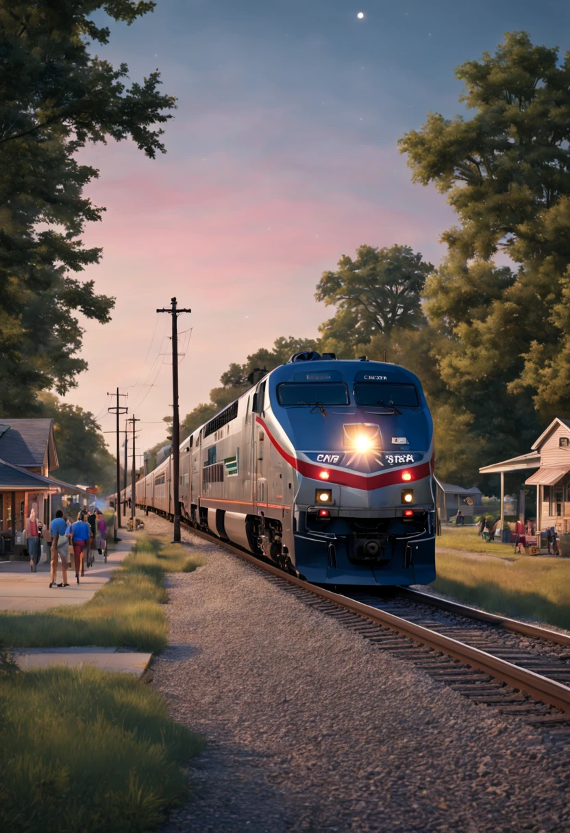 american amtrak train pulls up to a small township station, north usa, modern days, summer, warm starry night, realistic, photorealistic, cinematic, soft light, soft colors