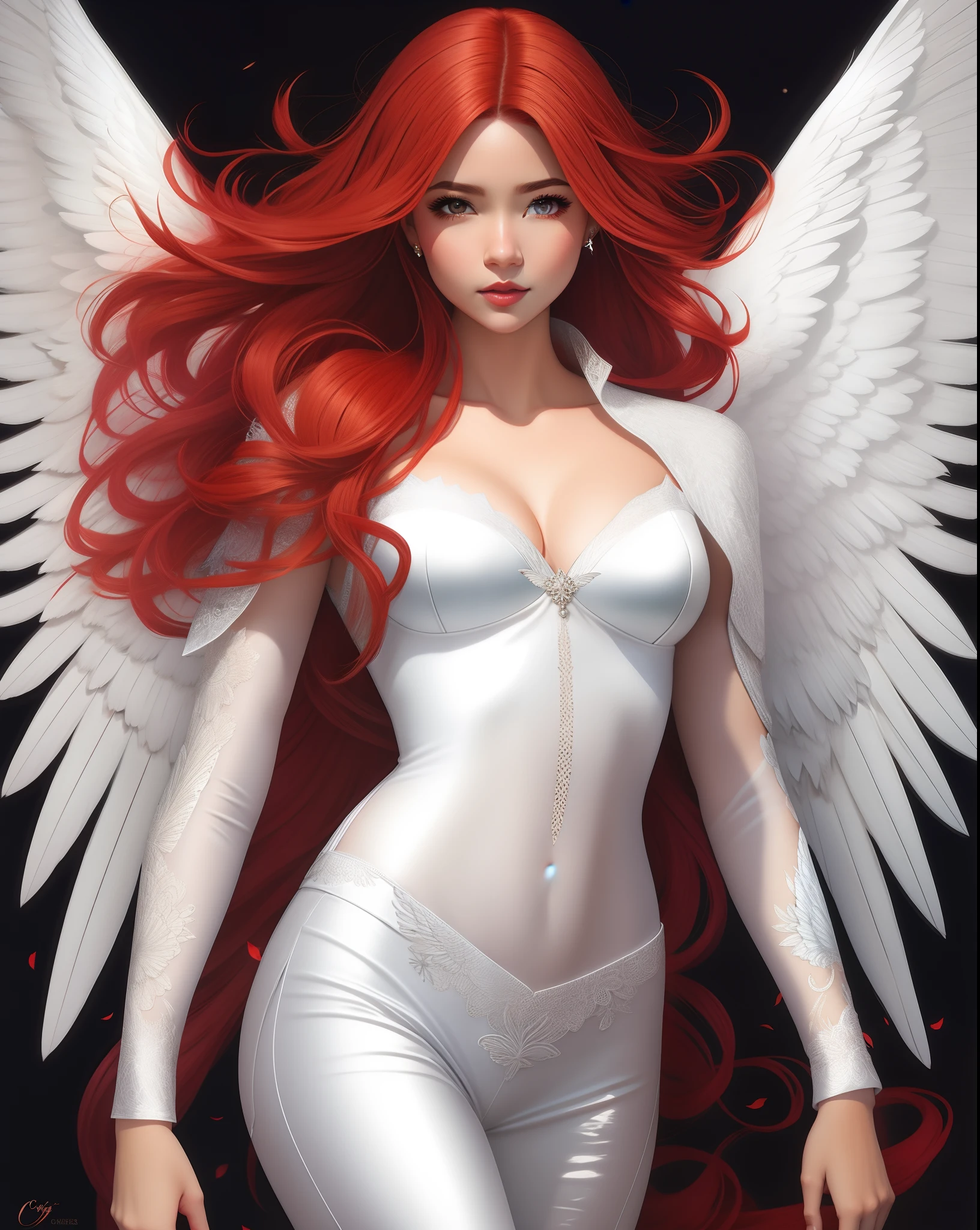 um close up de uma mulher com cabelos ruivos e roupa branca, Deusa dos cabelos ruivos, anjo feminino bonito, anjo bonito, bonita do anjo do ciborgue, de uma meninabonita, de anjo lindo, Retrato de um anjo bonito, Succubus bonito, menina do anas angelicais nas costas, Anjo majestoso de corpo inteiro, karol bak uhd, Lilith