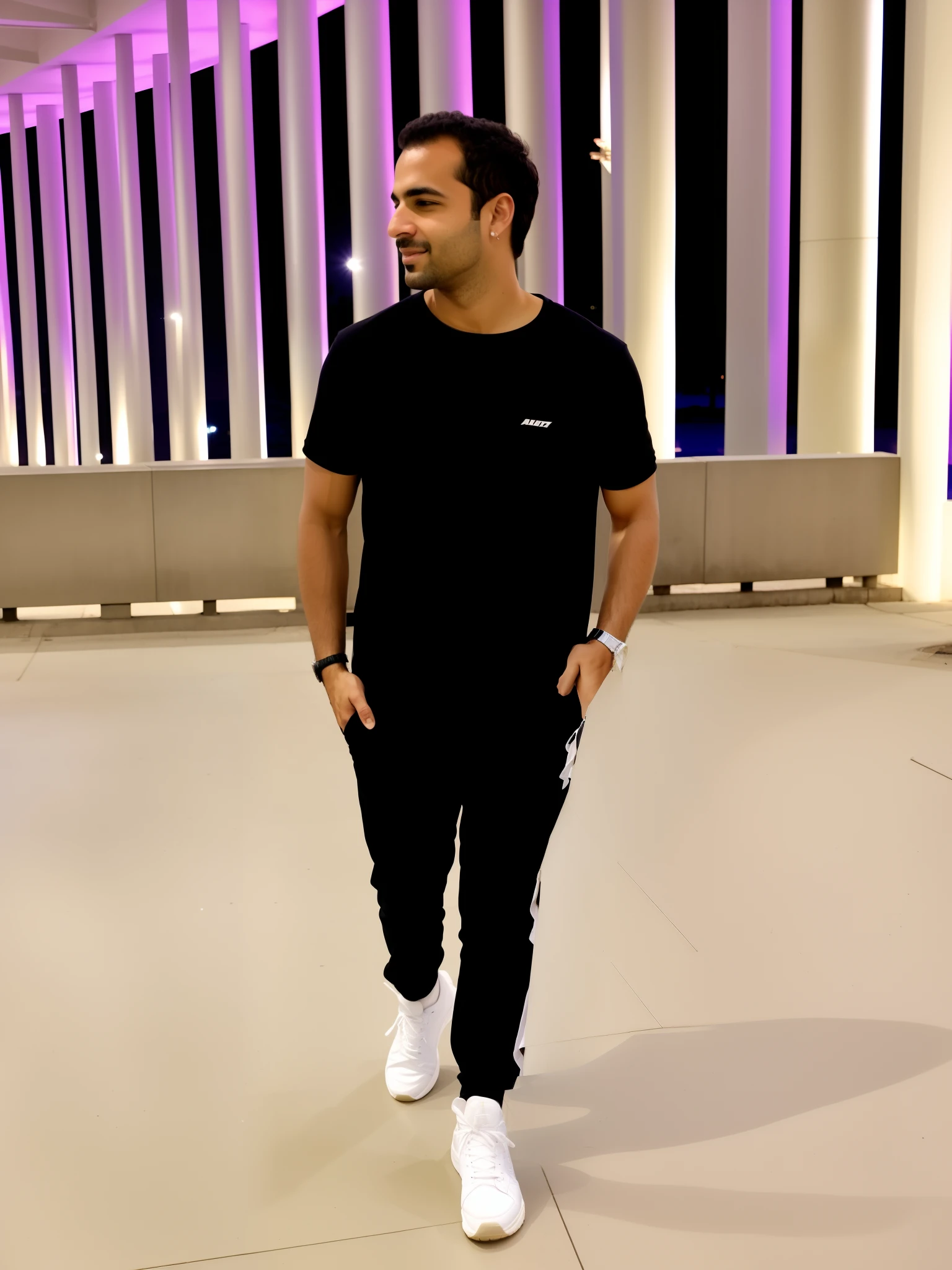 Arafed Man Walking On A Building With A Purple Light, he is wearing a black t-shirt, david rios ferreira, standing with a black background, vestindo uma camiseta preta, Amr Elshamy, inspired by Antônio Parreiras, jerma in a liminal space, vestindo uma camiseta preta, standing in a city center