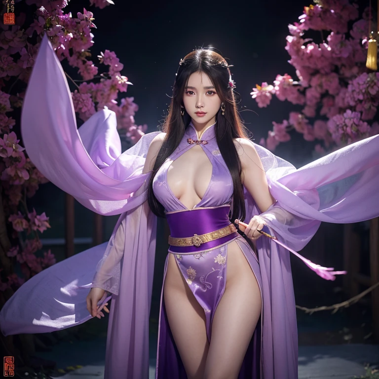 。Fantasy immortal cultivation novel, A girl with a Chinese sword looks exquisite, The expression contains affection, purple Chinese elements, colors, translucent, immortal clothing, There are lines on the forehead, And there are Chinese beauties in appearance, Huge breasts, Fairy-like, Sensual and alluring, big assa,Long legs,Ancient martial arts live-action CG animation sketch, Long hair, Waist-length skin, Oily and high resolution,Thick thighs,Chinese Wonderland Background 8K Ultra HD