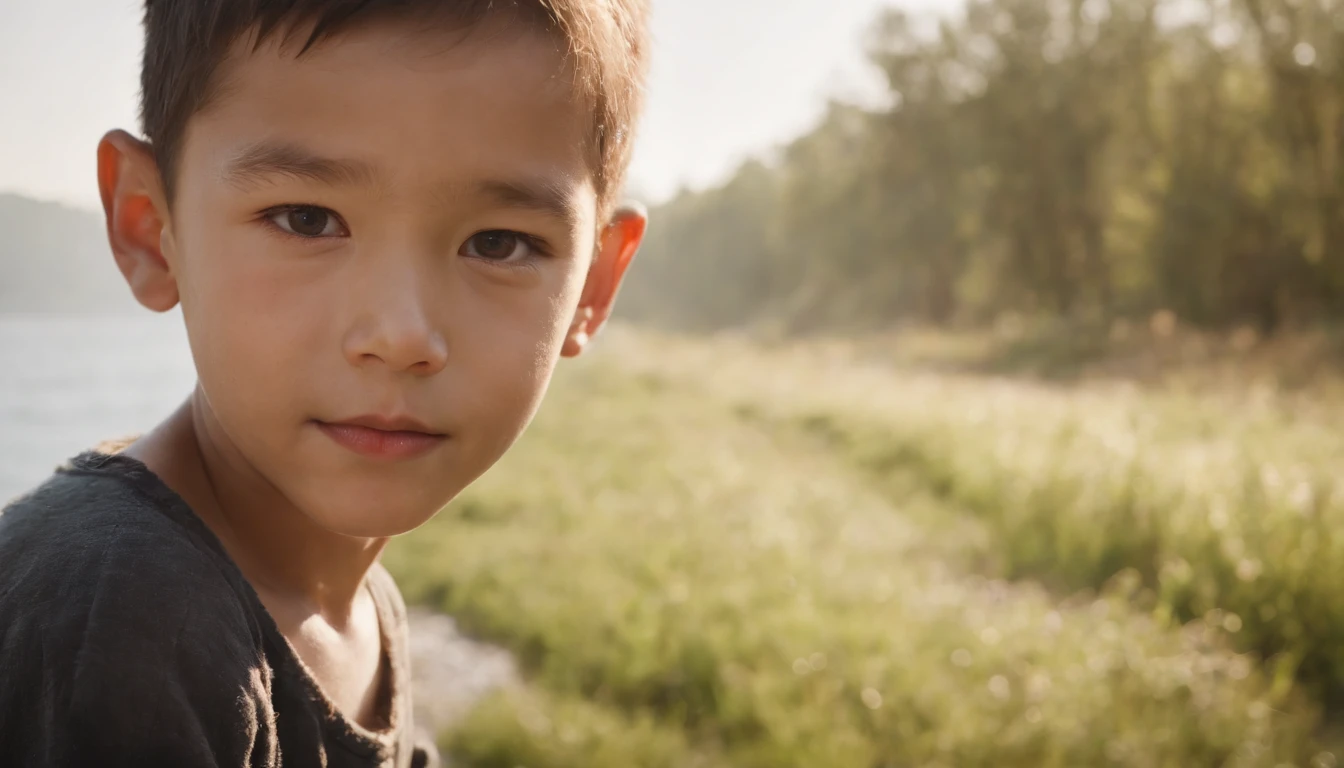 The image was taken with a high-resolution camera，Close-up of the boy's face，Displays the details of the scene。The color palette is dominated by gold and white，Create a harmonious and peaceful atmosphere。The composition follows the rule of thirds，in the early morning，The boy stood by the babbling stream，There are faint water waves，Clear。The boy looks at the camera on the left side of the frame，Smiling，teeth showing，There is plenty of room to breathe in streams and in the sky。The camera angle is slightly tilted，Add dynamic elements to a static scene。The light is soft and diffuse，Soft shadows cast on the man's face。The boy's eyes were clear and bright, The overall style is reminiscent of Impressionism，loose strokes，It has a fantastic texture。