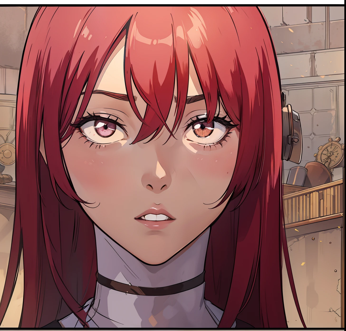 Erza Scarlet is one of the main characters in the series, She doesn't take no for an answer dressed in steampunk-style tailored clothes, Ela tem cabelos vermelhos escarlate e olhos castanhos, Elegante e sexy (melhor qualidade) uma arte para um Jogo de rpg. ((expression of surprise))