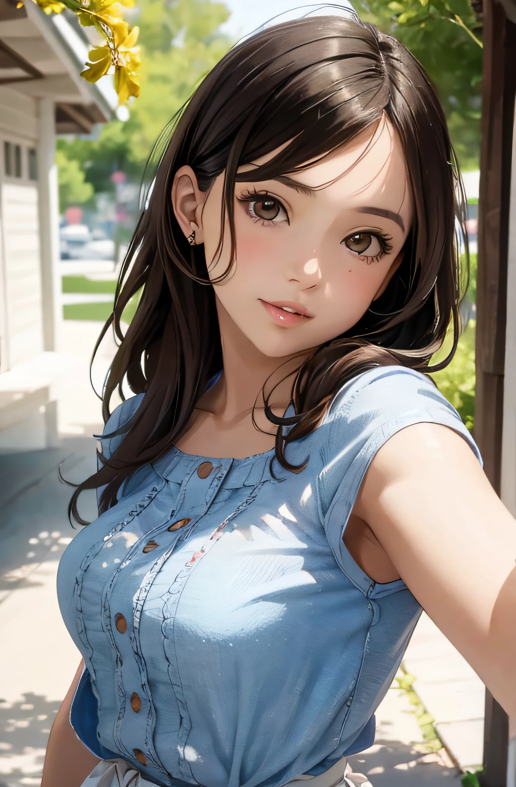 girl in summer clothes, top shot,((selfie)), brown eyes, random background, kiss, beautiful, medium breasts, flirtatious look, ((very detailed)), (perfectly detailed face), (well detailed hand), photorealistic image.