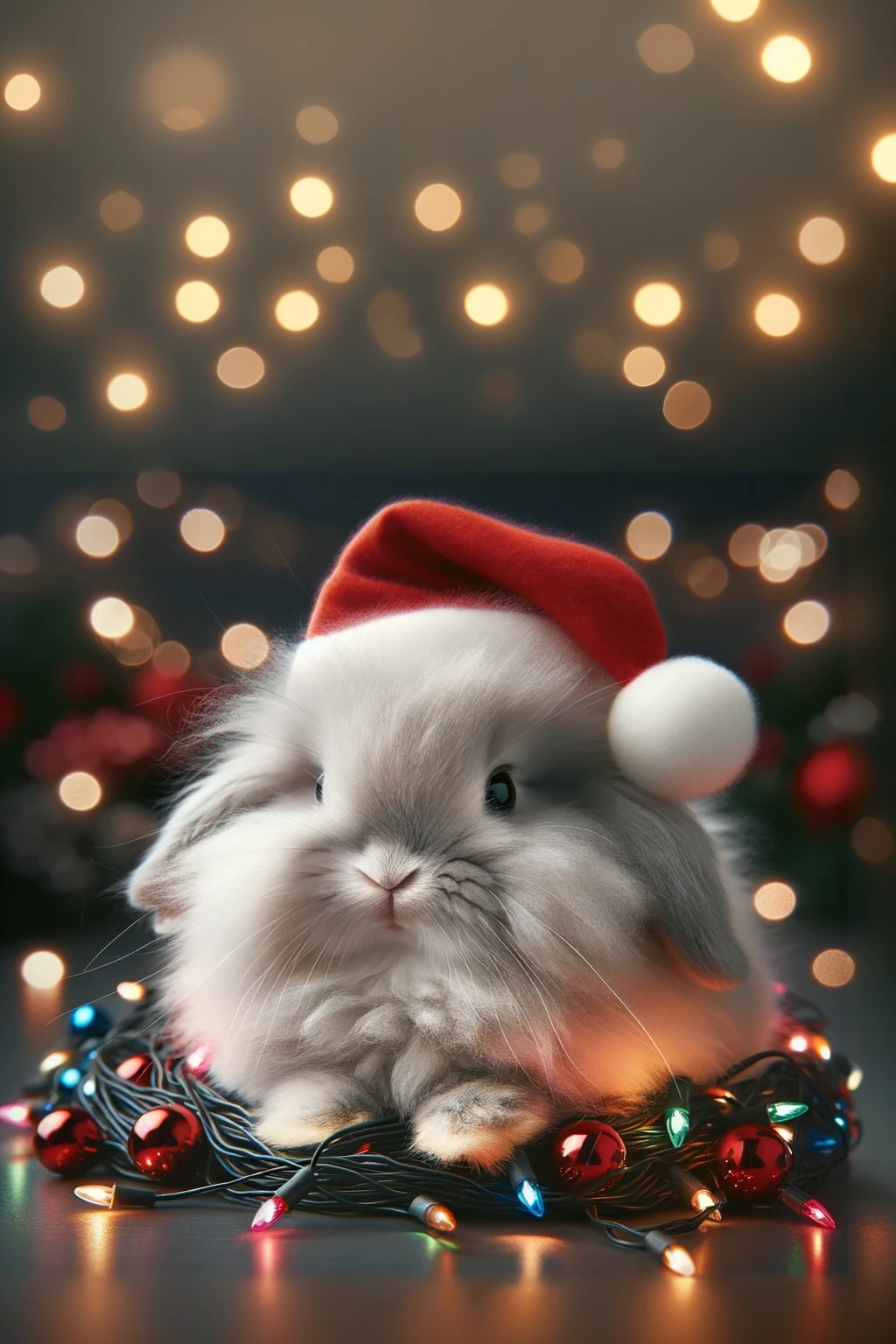 Fluffy white araffy rabbit with a Santa hat on top of a Christmas garland, electrixconejito, Lindo renderizado 3D, cute anthropomorphic bunny, hermoso y lindo, Adorable pintura digital, Primer plano de un adorable, so cute, encantador y lindo, lindo y adorable, Lindo arte digital, adorable!!!, cutest, Lindo!, conejito, Lindo!!!, Retrato de primer plano