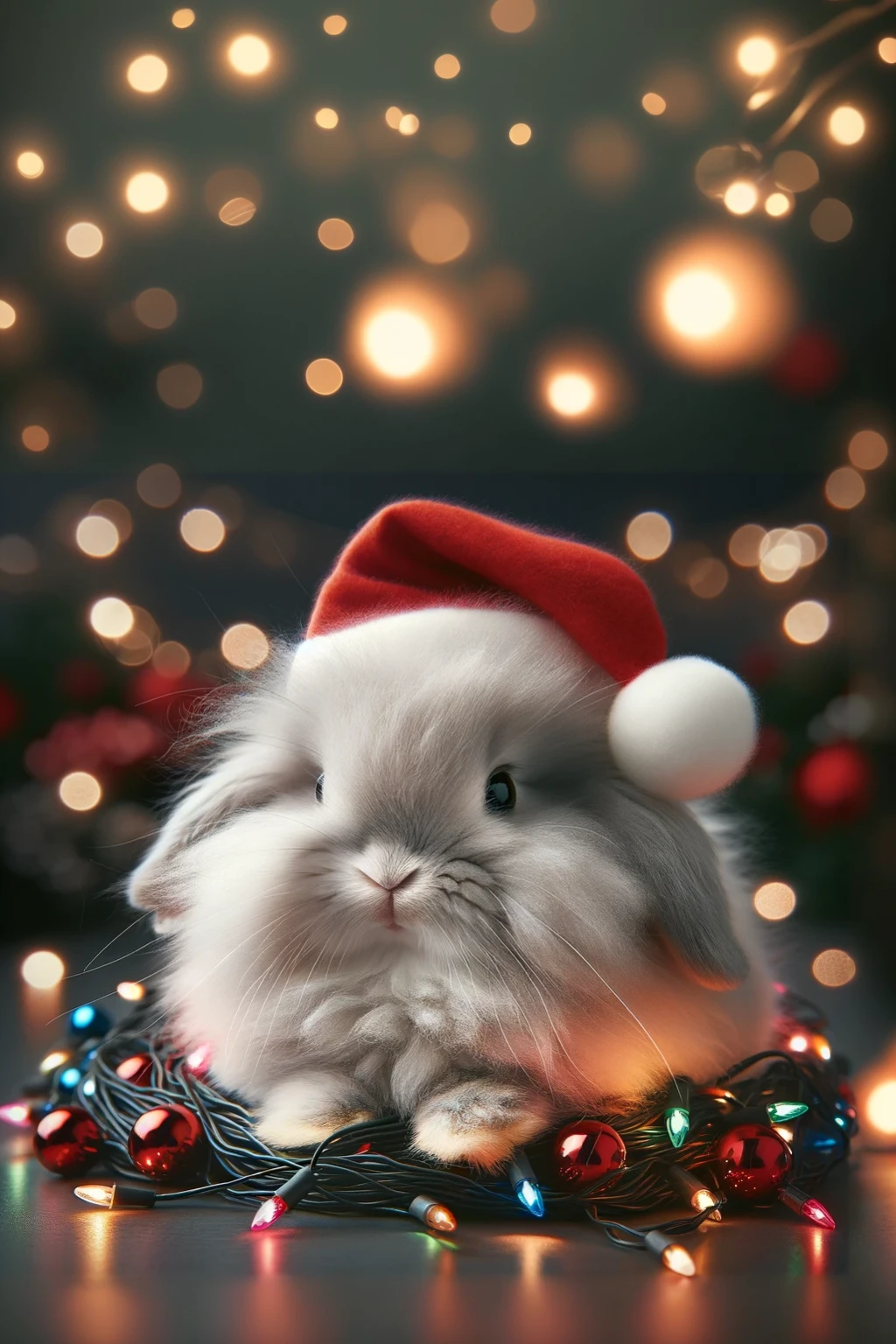 Fluffy white araffy rabbit with a Santa hat on top of a Christmas garland, electrixconejito, Lindo renderizado 3D, cute anthropomorphic bunny, hermoso y lindo, Adorable pintura digital, Primer plano de un adorable, so cute, encantador y lindo, lindo y adorable, Lindo arte digital, adorable!!!, cutest, Lindo!, conejito, Lindo!!!, Retrato de primer plano