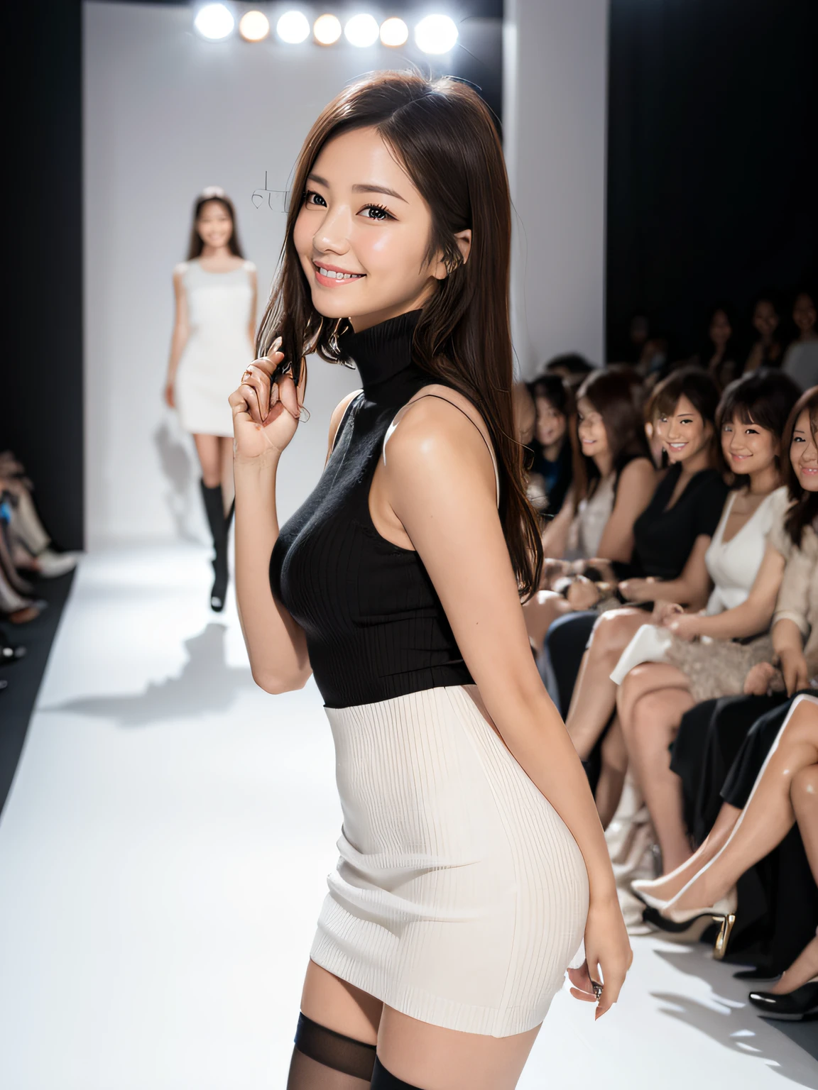 POV, (masterpiece:1.3), high resolution, ultra detailed, extremely detailed CG unity 8k wallpaper, (realistic, photo-realistic:1.3, RAW photo:1.2), beautiful detailed face, realistic skin, detailed cloth texture, high detailed hair texture, Perfect proportion, Beautiful Face, accurate, Anatomically correct, Highly detailed face and skin texture, natural neck length, (beautiful hands), (fair skin:1.2), Thin legs, Thin feet, long legs, high detailed legs texture, beautiful legs, 
BREAK 
Detailed eyes, symmetrical eyes, Light Brown eyes, Double eyelids, Thin eyebrows, (Glossy lips:1.4), (happy smile:1.2), 
BREAK 
(Wearing a classy turtle neck Blue knit dress:1.2), (black stockings, White long boots), (two gyaru girls:1.2),
(Layered Hairstyle, Dark-brown hair), 
((large breasts:1.3)), (film breasts, nicely shaped breasts:1.1, slender figure), ((Full body shot:1.2)), ((from side:1.2)), 
BREAK 
((She is Walking happily with Fashion model pose:1.2)), (in the runway of stylish Fashion show venue in Japan:1.2),