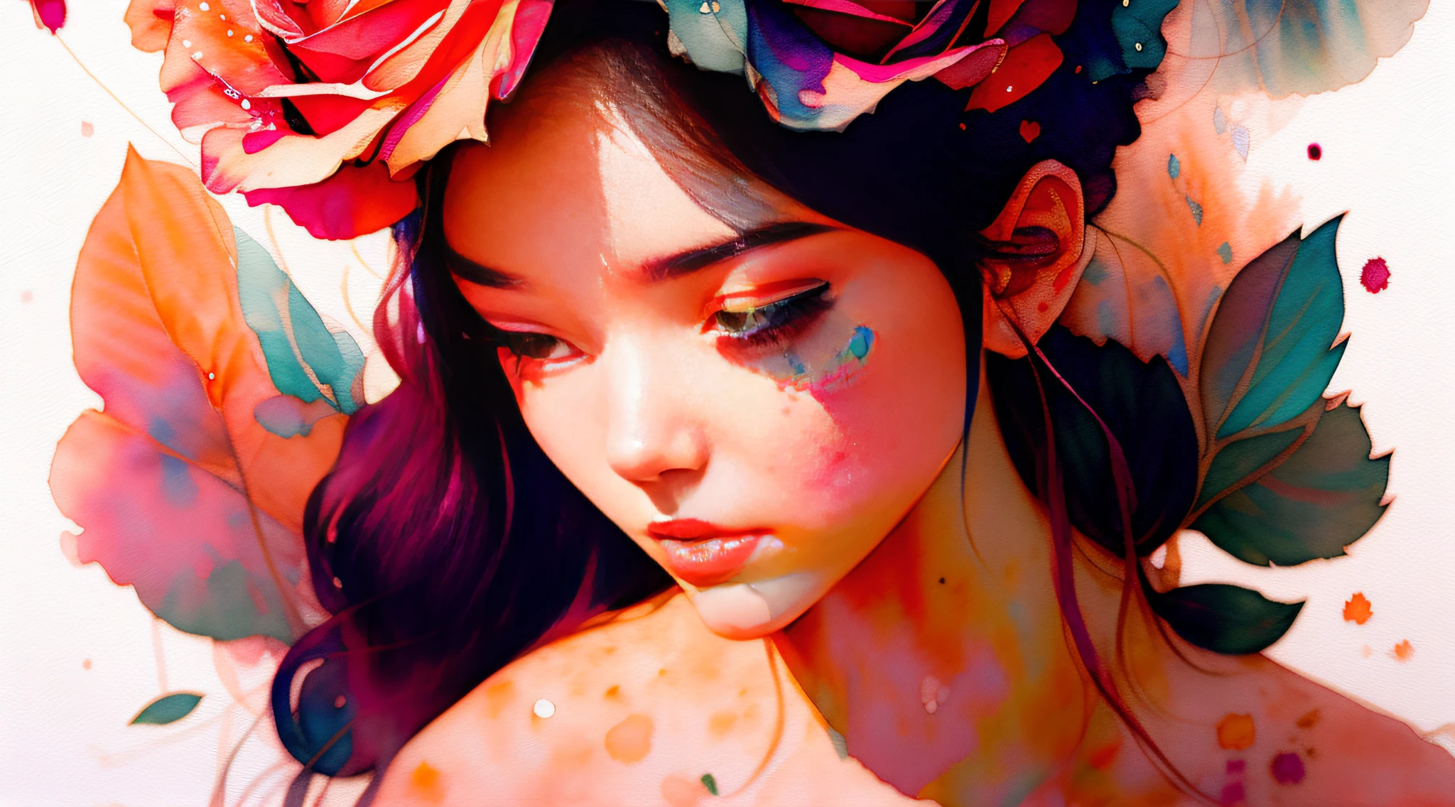 wtrcolor style, (rose) digital art, official art, blown by the wind, masterpiece, beautiful, ((watercolor)), paint splatter, intricate detail. Great detail, [dripping:0.7], Trending on Artstation, Rachel Walker