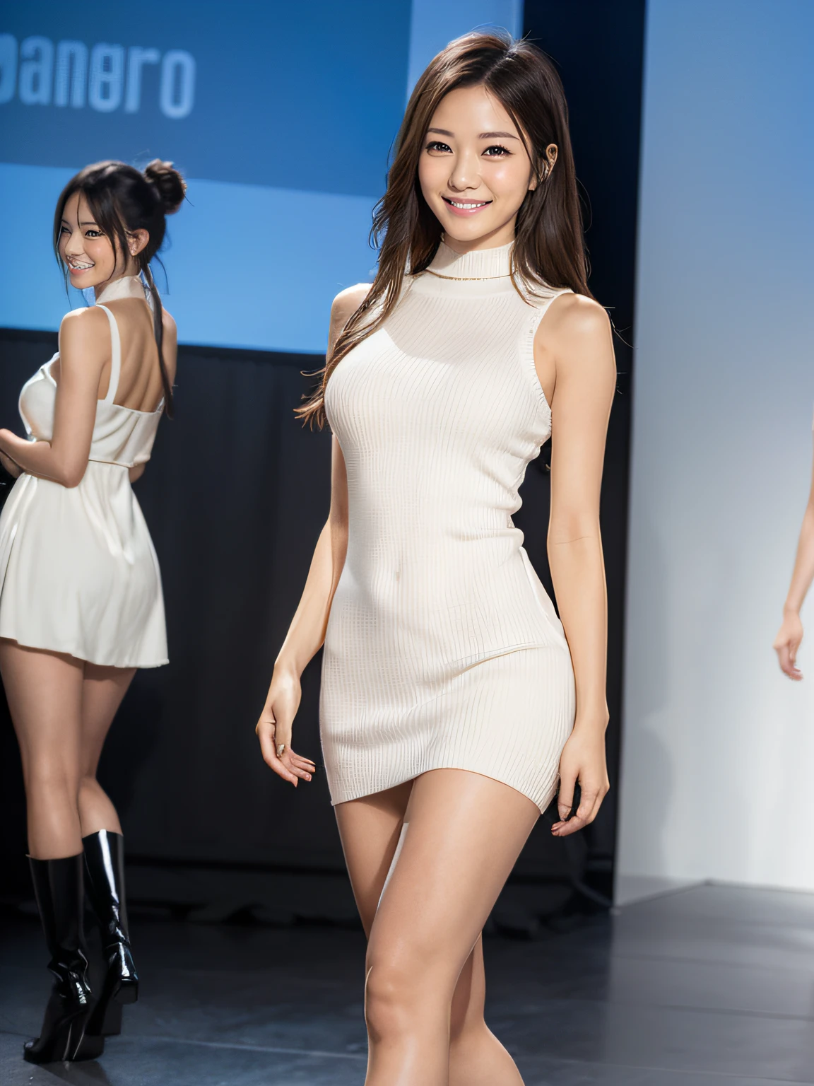 POV, (masterpiece:1.3), high resolution, ultra detailed, extremely detailed CG unity 8k wallpaper, (realistic, photo-realistic:1.3, RAW photo:1.2), beautiful detailed face, realistic skin, detailed cloth texture, high detailed hair texture, Perfect proportion, Beautiful Face, accurate, Anatomically correct, Highly detailed face and skin texture, natural neck length, (beautiful hands), (fair skin:1.2), Thin legs, Thin feet, long legs, high detailed legs texture, beautiful legs, 
BREAK 
Detailed eyes, symmetrical eyes, Light Brown eyes, Double eyelids, Thin eyebrows, (Glossy lips:1.4), (happy smile:1.2), 
BREAK 
(Wearing a classy turtle neck Blue knit dress:1.2), (black stockings, White long boots), (two gyaru girls:1.2),
(Layered Hairstyle, Dark-brown hair), 
((large breasts:1.3)), (film breasts, nicely shaped breasts:1.1, slender figure), ((Full body shot:1.2)), ((from side:1.2)), 
BREAK 
((She is Walking happily with Fashion model pose:1.2)), (in the runway of stylish Fashion show venue in Japan:1.2),