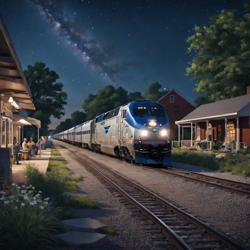 american amtrak train pulls up to a small township station, north usa, modern days, summer, warm starry night, realistic, photorealistic, cinematic, soft light, soft colors