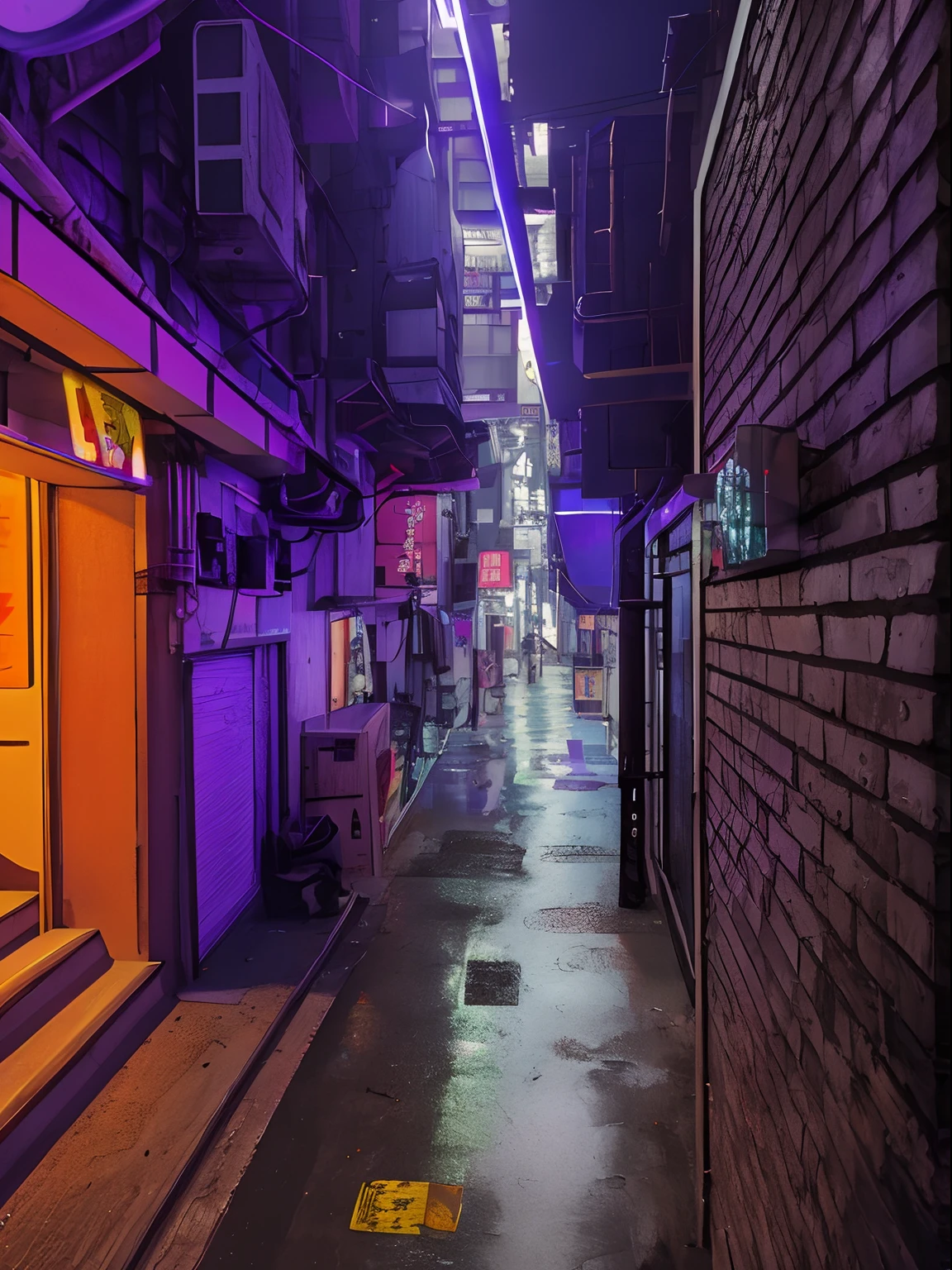 There is a narrow alley with a neon sign on the side, Cyberpunk Array, cyberpunk streets in japan, quiet tokyo alley at night, Cyberpunk Back Alleys, cyberpunk streets at night, cyberpunk streets at night, tokyo alleyway, Purple Light Street, cyberpunk street, Kowloon Cyberpunk, bladerunner street alley, in the cyberpunk city, cyberpunk night street, in a cyberpunk setting