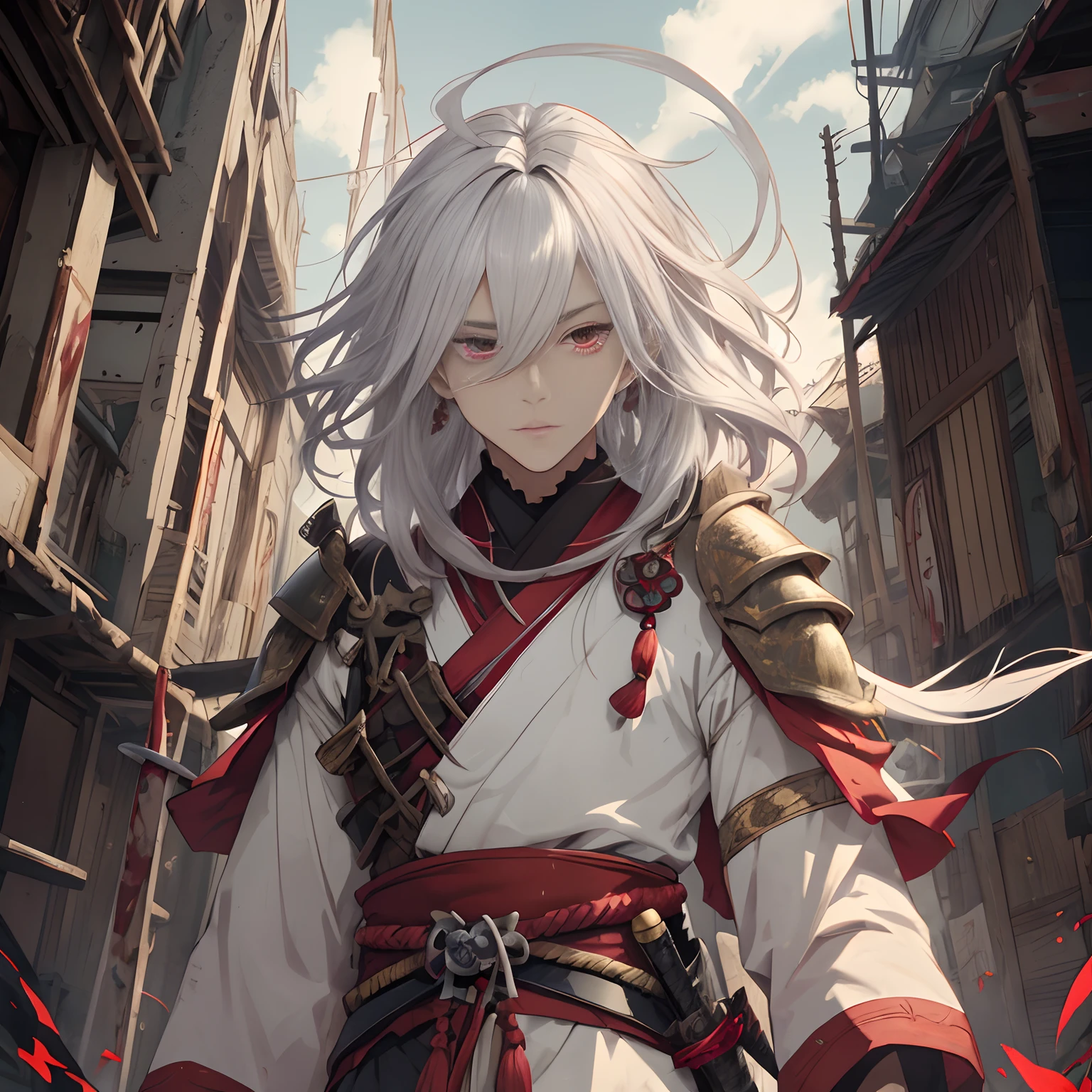 animesque、Fantasia、A Japanese style、1Men of men(18year old、Silver Ruff Hair(Bounce outward)、Cuts around the eyes、Red Eyes、Red mesh、Japanese armor(Komono、delicate detail、Fine details)、Japanese Katana Sword(long to))Wasteland、Petricular muscle、burnt、Man is in the wilderness。