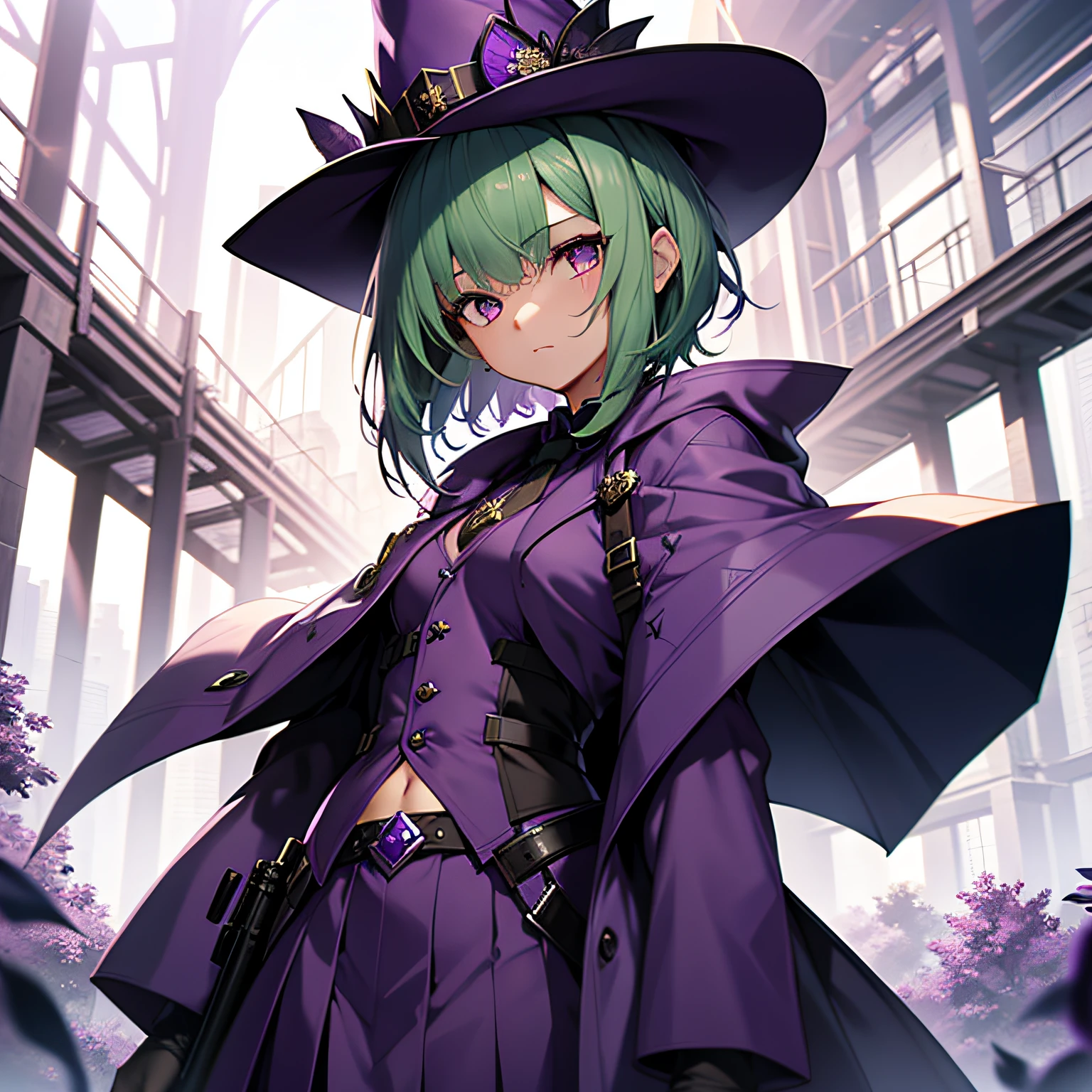 top-quality、extremely delicate and beautiful、(A teenage girl)、Purple Eye、Green hair、short-haired、(purple witch hat)、Purple tie、Tactical Vest、Soio、shortsleeves、Purple skirt、Purple Wizard Robe、Navel、is standing、Facing the front、