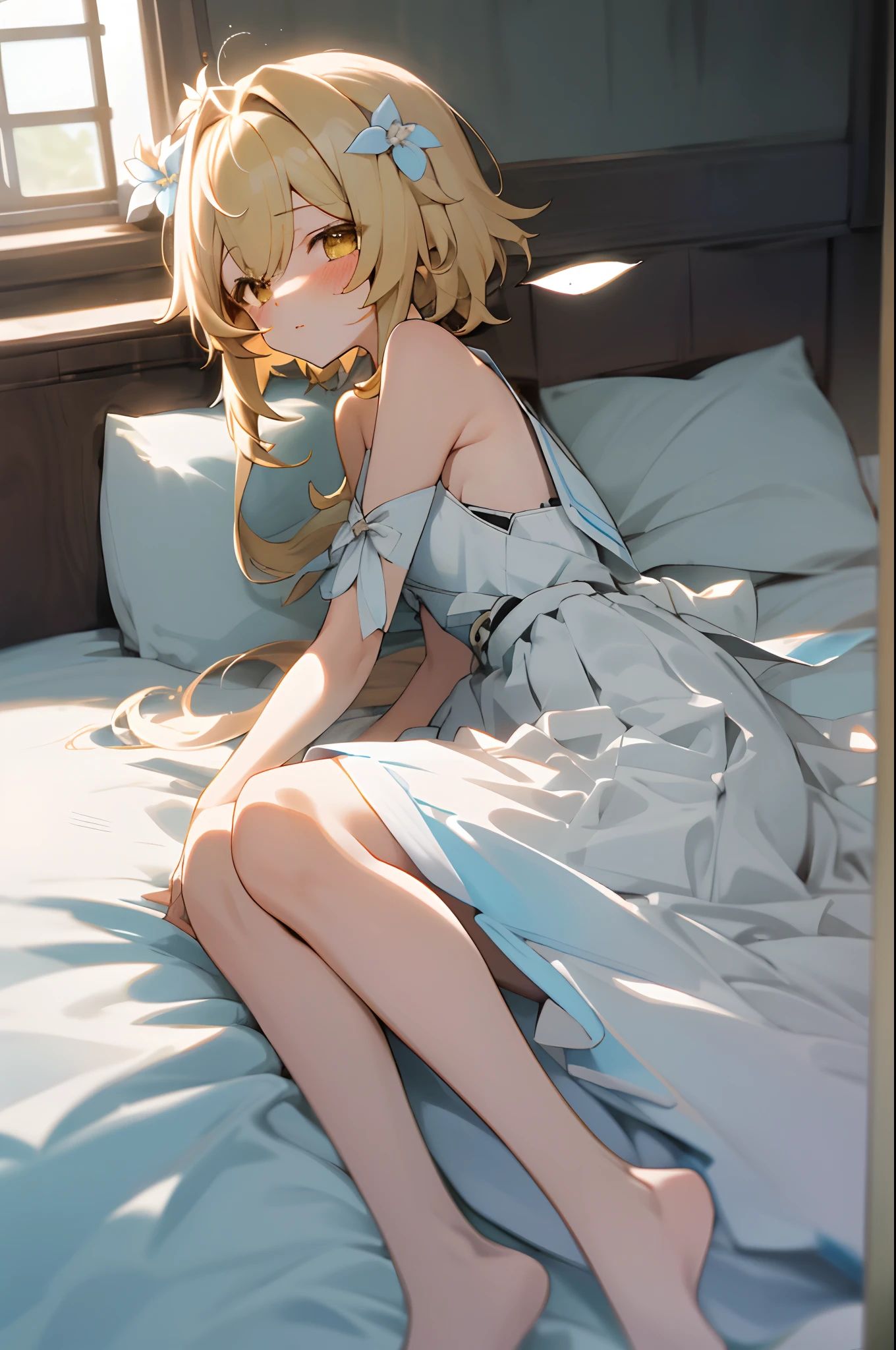 Tanya von degurechaff, armpit, White dress, see-through, (( bedroom, sitting position, sleeping position, flushed face, masterpiece, best quality, high quality, detailed quality, 4k resolution))