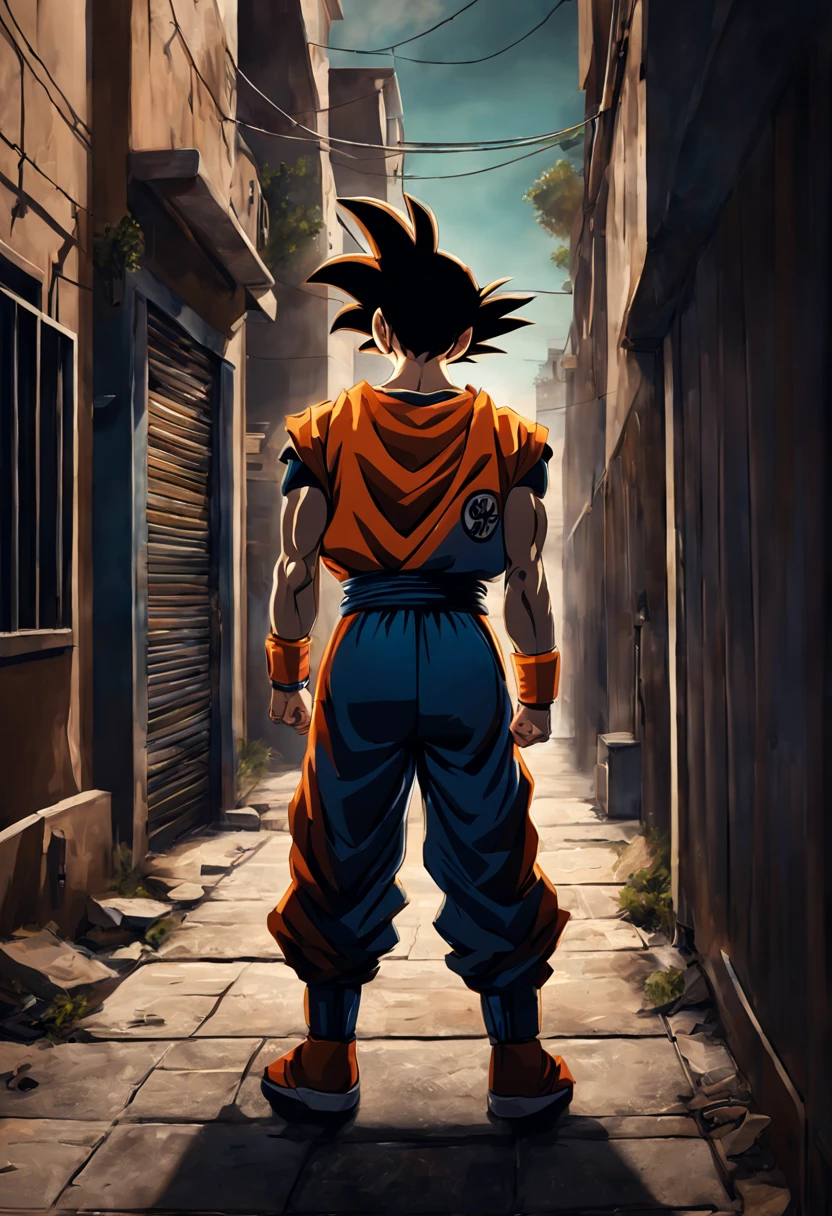 (realista,fotorrealista:1.37),Ultra detallado,Detailed illustration of Goku(detallado,emocional,Expresivo,feature),con ropa estilo streetwear(a la moda,urbano,Casual),Standing in a narrow alley(oscuro,valiente,urbano),Creado con sombreado y texturas detalladas(detailed lines,Superficies texturizadas),Colores vivos con una mezcla de vibrantes tonos de arte callejero(graffiti,arte pop,Arte Urbana),exudando un aura de poder(poderoso,energetic,Dynamic presence). Lighting in the scene should be dramatic and focused, con fuertes contrastes entre luces y sombras (Dramatic lighting,high-contrast lighting). The overall image quality must be of the highest standard (La mejor calidad,4k,8k,alto,Pieza maestra:1.2), capturing every intricate detail of Faustão's face, peinado, Prendas, and muscular physique(etiquetas adicionales para Goku: cabello puntiagudo, muscle building, confident expression, Ojos decididos). The atmosphere of the alley should reflect an urban and sandy environment., con toques de un horizonte de la ciudad en el fondo.