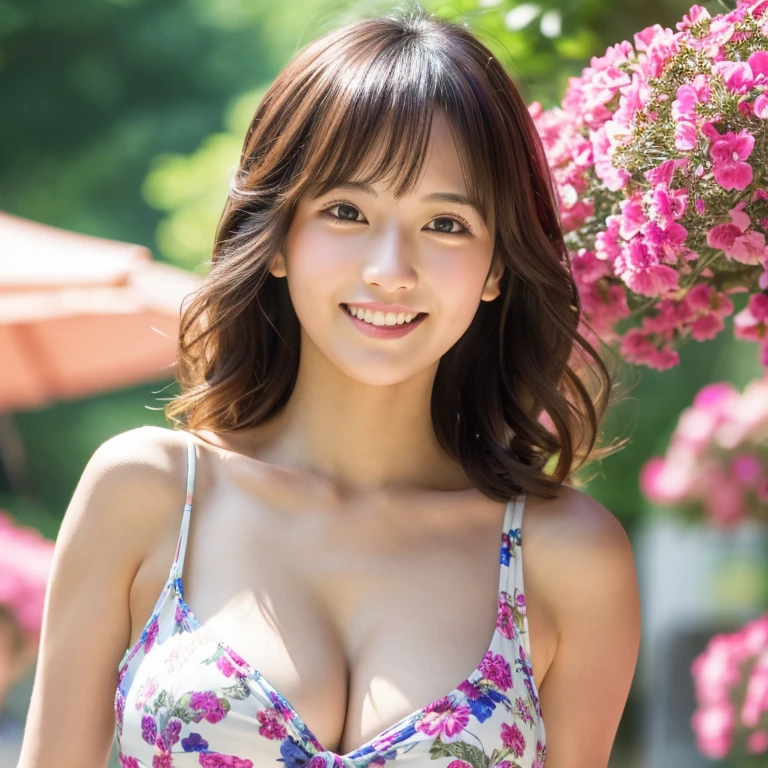 masutepiece, Best Quality, Illustration, Ultra-detailed, finely detail, hight resolution, 8K Wallpaper, Perfect dynamic composition, Beautiful detailed eyes, summer  dress,Medium Hair, Big breasts, Natural Color Lip, Random and sexy poses,Smile,Aoyama Street Walk、20 years girl、Cute、barechested、blow job