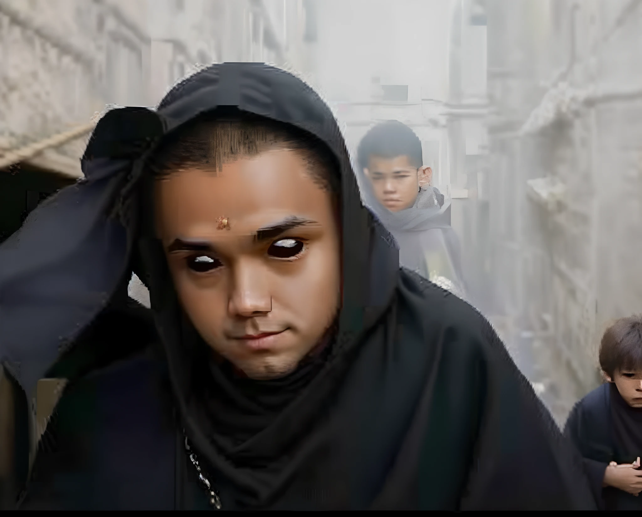 Arafeld children in monk's robes stand in a narrow alley, monk clothes, portrait of monk, buddhist monk, wearing brown robes, monk, 2 1 st century monk, portrait shooting, full body picture of a male monk, dressed in simple robes, Buddhist, wearing nun outfit, Serene expression,Round face, thick eyebrows, big eyes, cute digital painting, Ross Tran 8 K