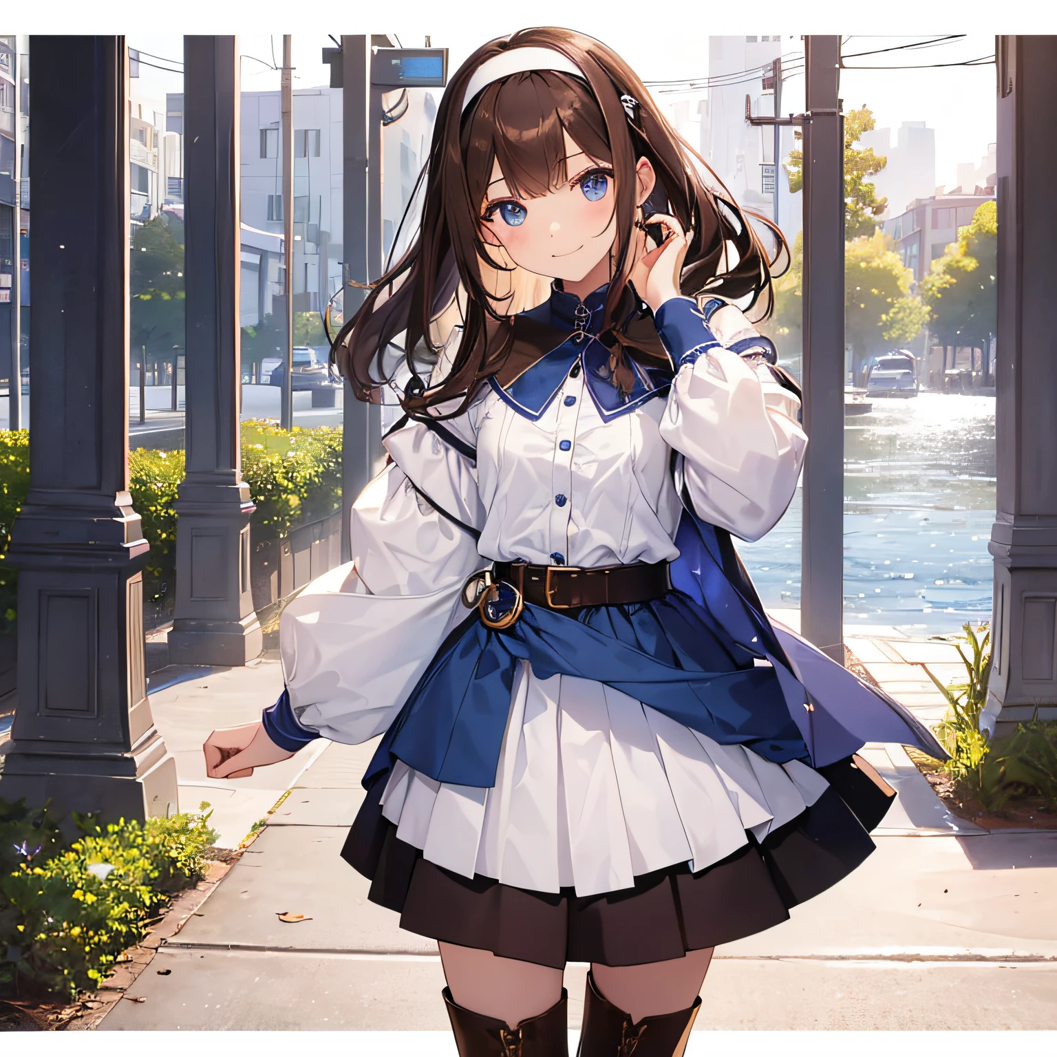 top-quality、extremely delicate and beautiful、teens girl、11 year old、(dark brown hair)、Blue clothes with vertical buttons、Belt at waist、White skirt、(poneyTail))、(white hairband)、(Brown boots)、blue eyess、is standing、A smile