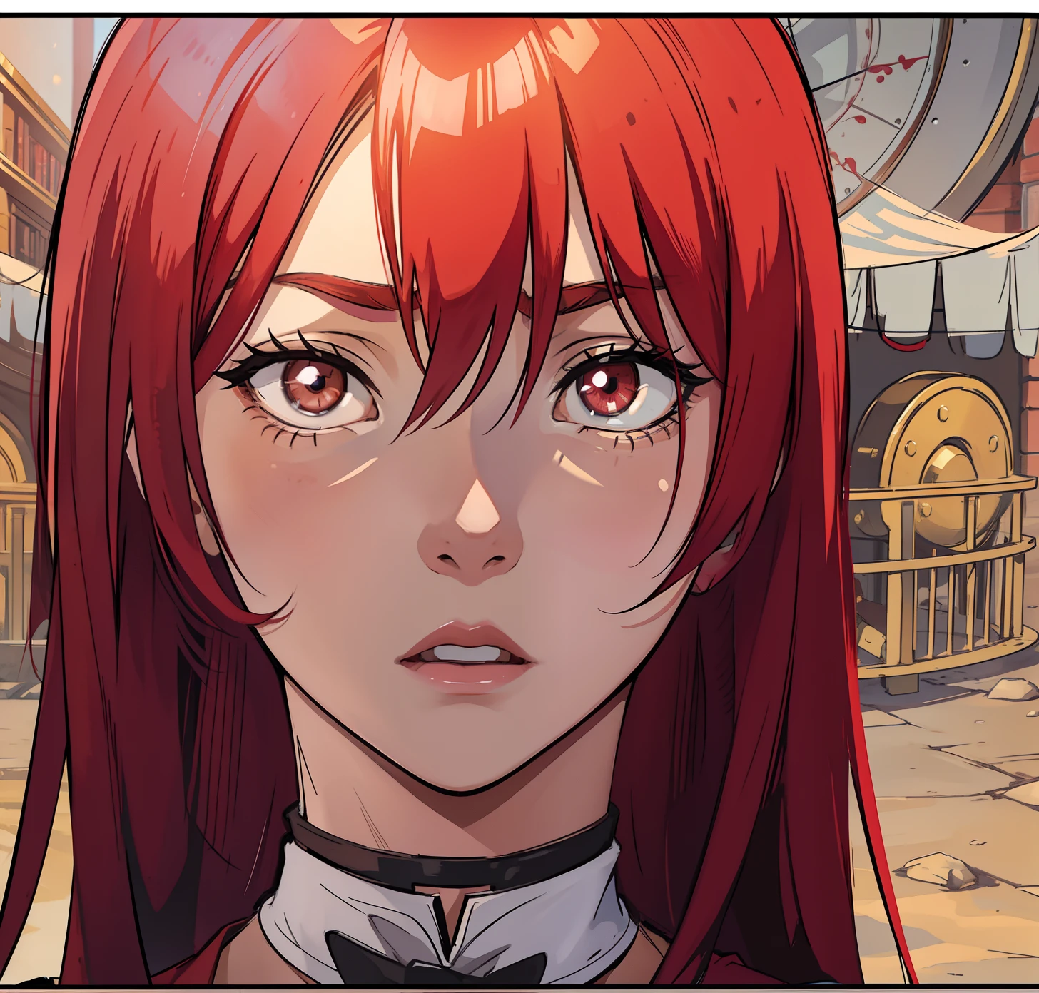 Erza Scarlet is one of the main characters in the series, She doesn't take no for an answer dressed in steampunk-style tailored clothes, Ela tem cabelos vermelhos escarlate e olhos castanhos, Elegante e sexy (melhor qualidade) uma arte para um Jogo de rpg. ((Expression of surprise))
