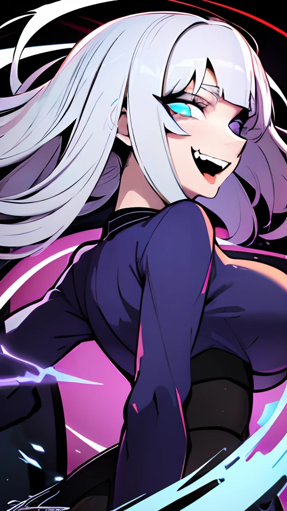 jk, 2d art, 2d render, splash art, illustration, digital art, hard shading, 1girl, white hair, glowing, glowing eye, gradient background, looking at viewer, red background, ringed eyes, shaded face, smile, solo, teeth, upper body, upper teeth only, white sweater, blue eyes, incredibly absurdres, best quality