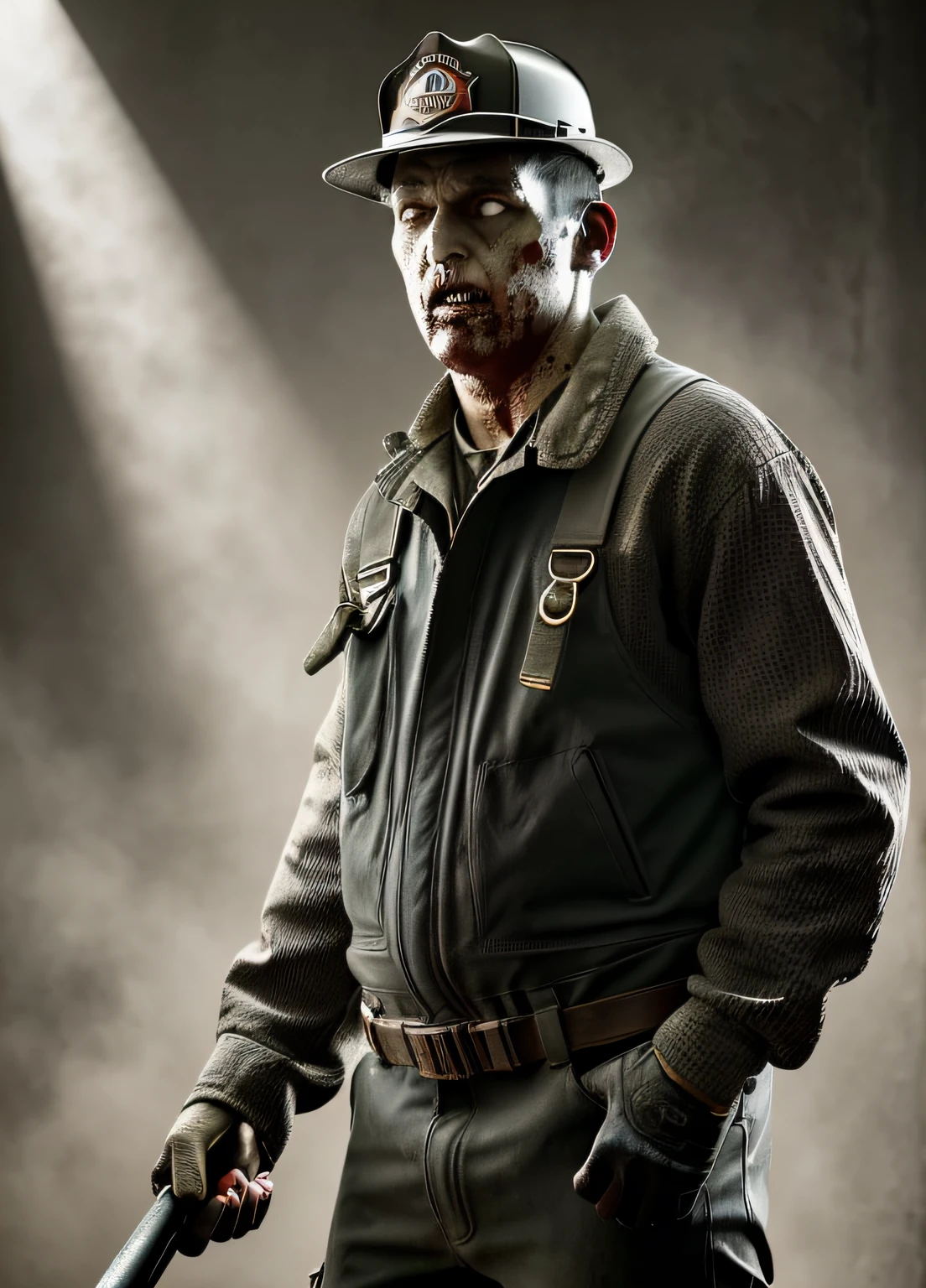 (Zombie), solo, man wearing Firefighter Coveralls, (Modern Firefighter helmet), Firefighter Goggles, Firefighter Gloves, Firefighter Backpack , (masterpiece, best quality, ultra-detailed, best shadow), high contrast, (best illumination), ((cinematic light)), colorful, hyper detail, dramatic light, intricate details , ultra detailed artistic photography, dreamy, backlit, shadows, ultra high definition, 8k, ultra sharp focus, ultra high quality model, soft lighting, film photography, analogue photography, hyperrealism,