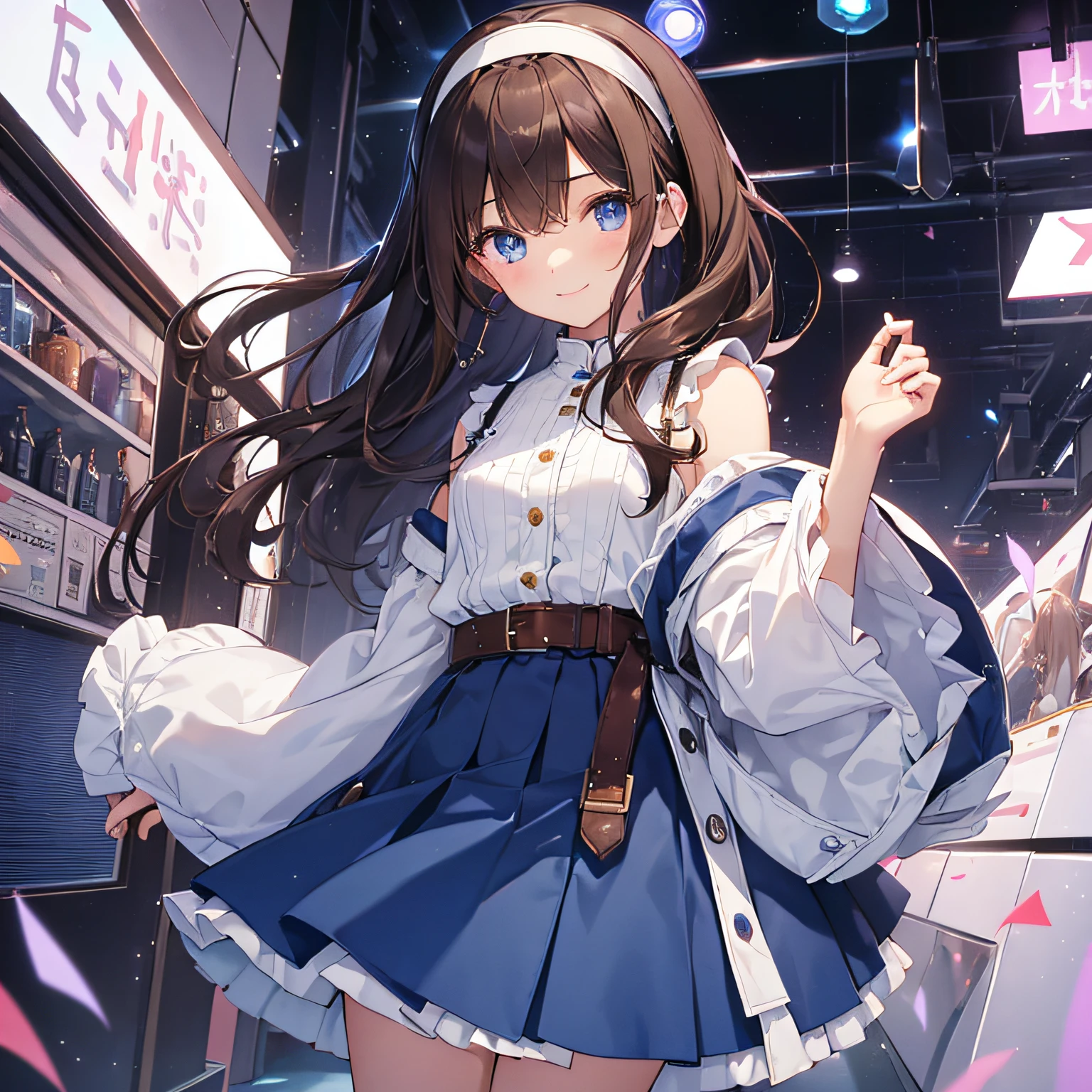 top-quality、extremely delicate and beautiful、teens girl、、(dark brown hair)、Blue clothes with vertical buttons、Belt at waist、White skirt、(poneyTail))、(white hairband)、(Brown boots)、blue eyess、is standing、A smile