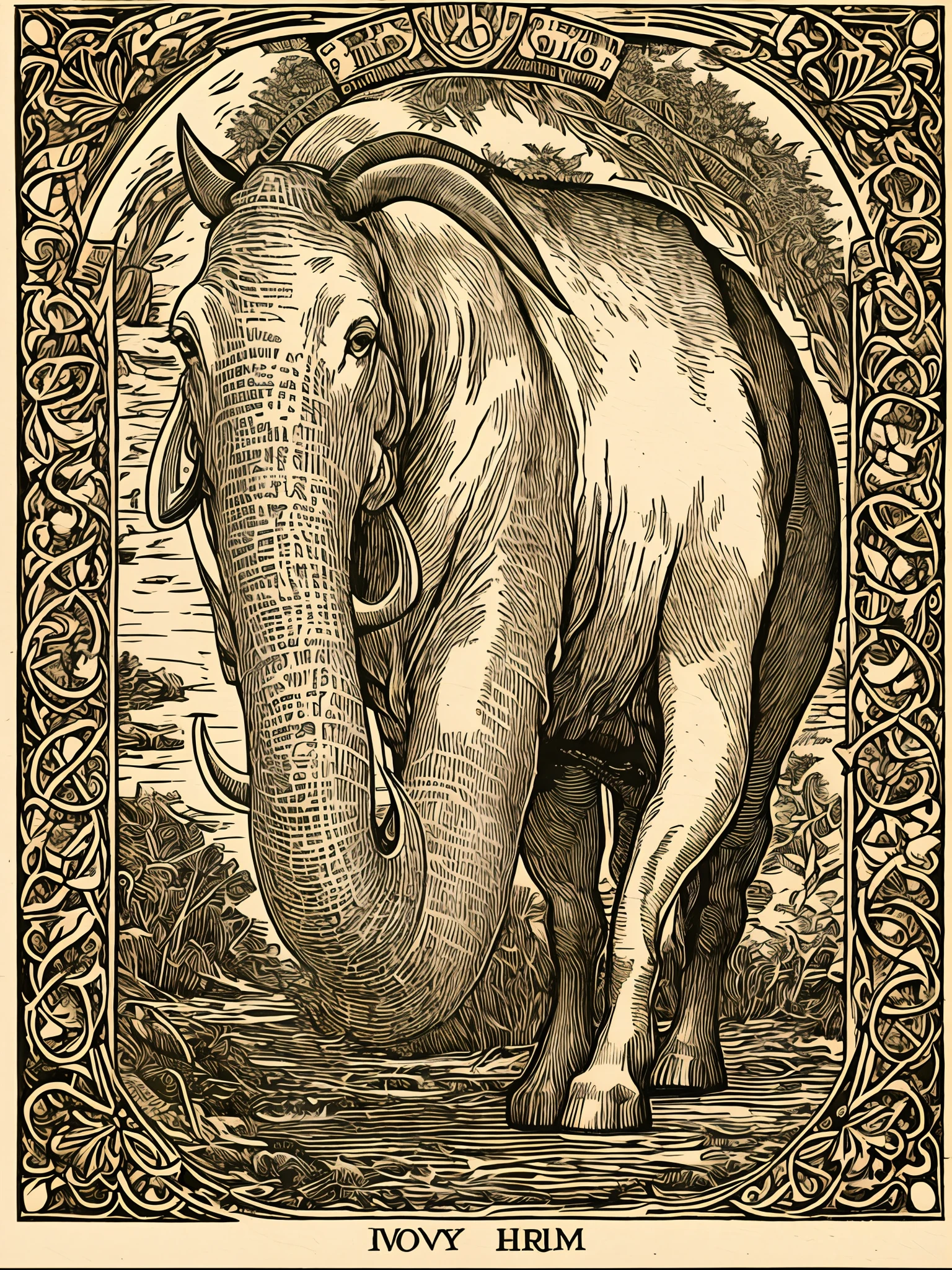 ivory horn in a woodcut, engraving, medieval tattoo artstyle full image