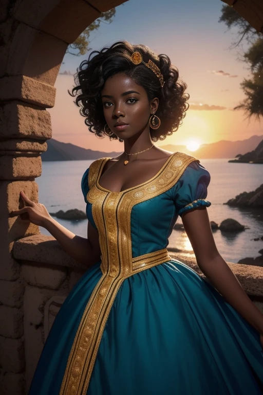 Retrato realista de una mujer africana de piel morena oscura quemada por el sol, Cabello largo:2                
 Rizado, Ropa de princesa, Long Rococo Style Cinderella,  Imagen intrigante, Imagen limpia, Al fondo un hermoso lago, Colores brillantes, cinematic shadows,