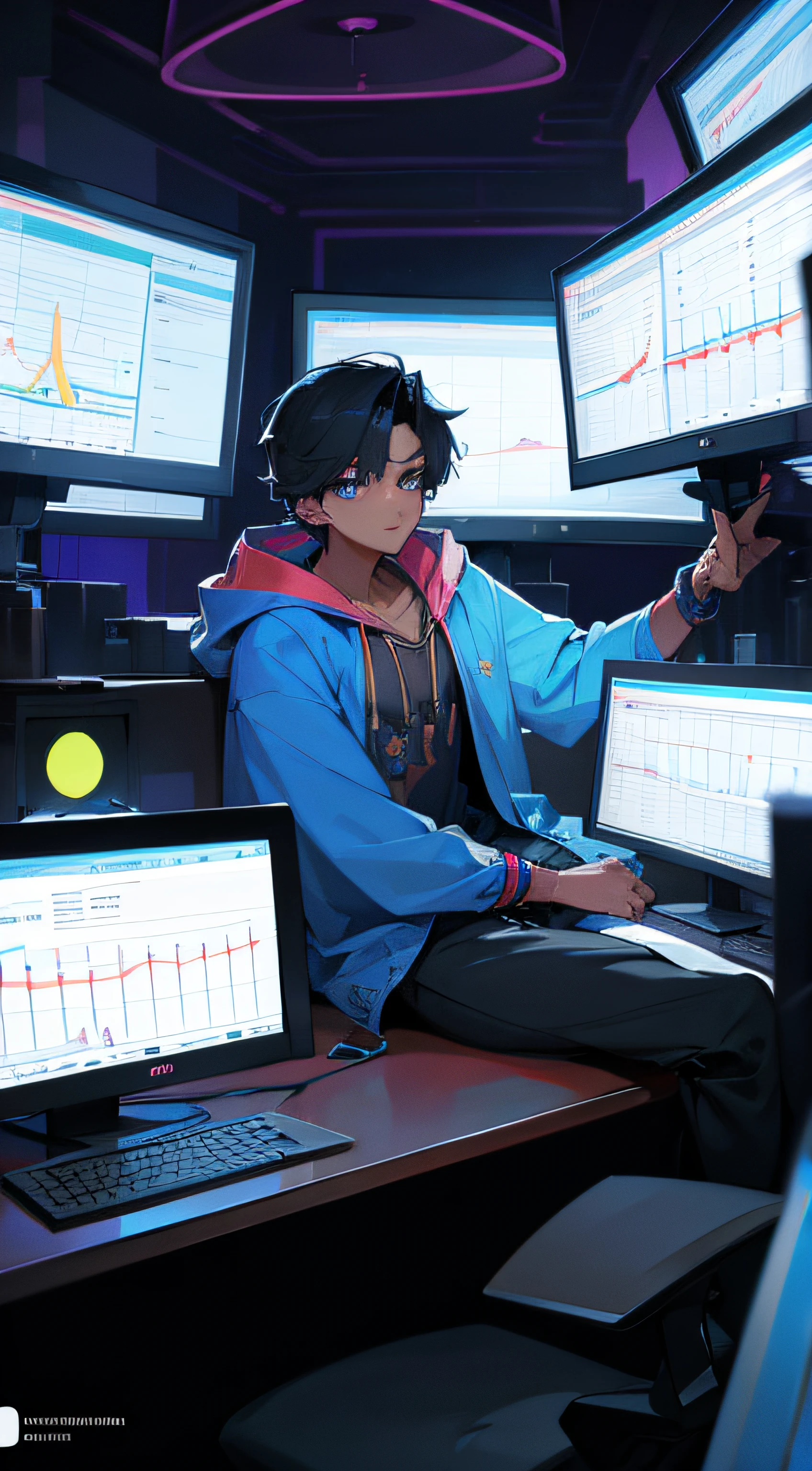 An indian young male wearing a hoodie with his 4 monitor setup displaying candlestick charts.