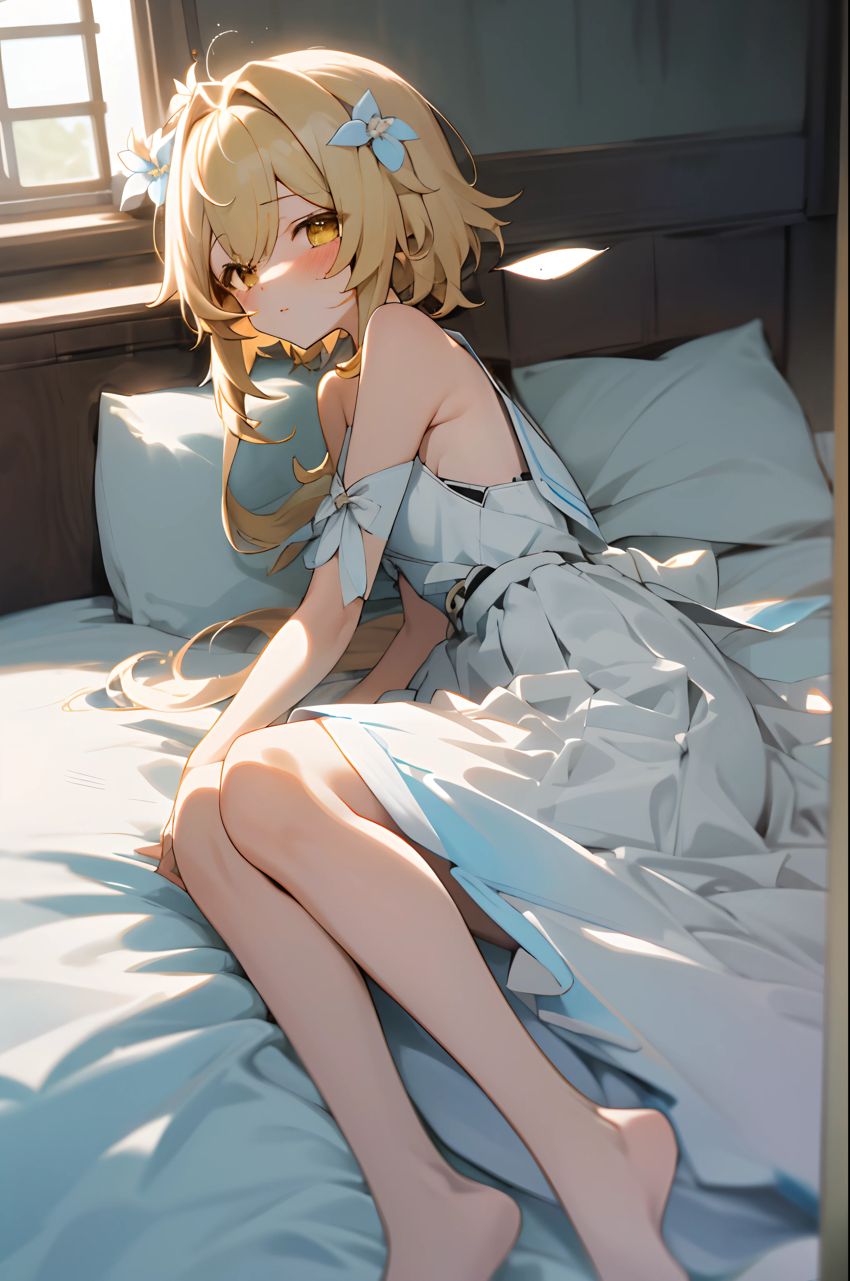 Anime girl in a blue dress sitting on a bed with a pillow - SeaArt AI