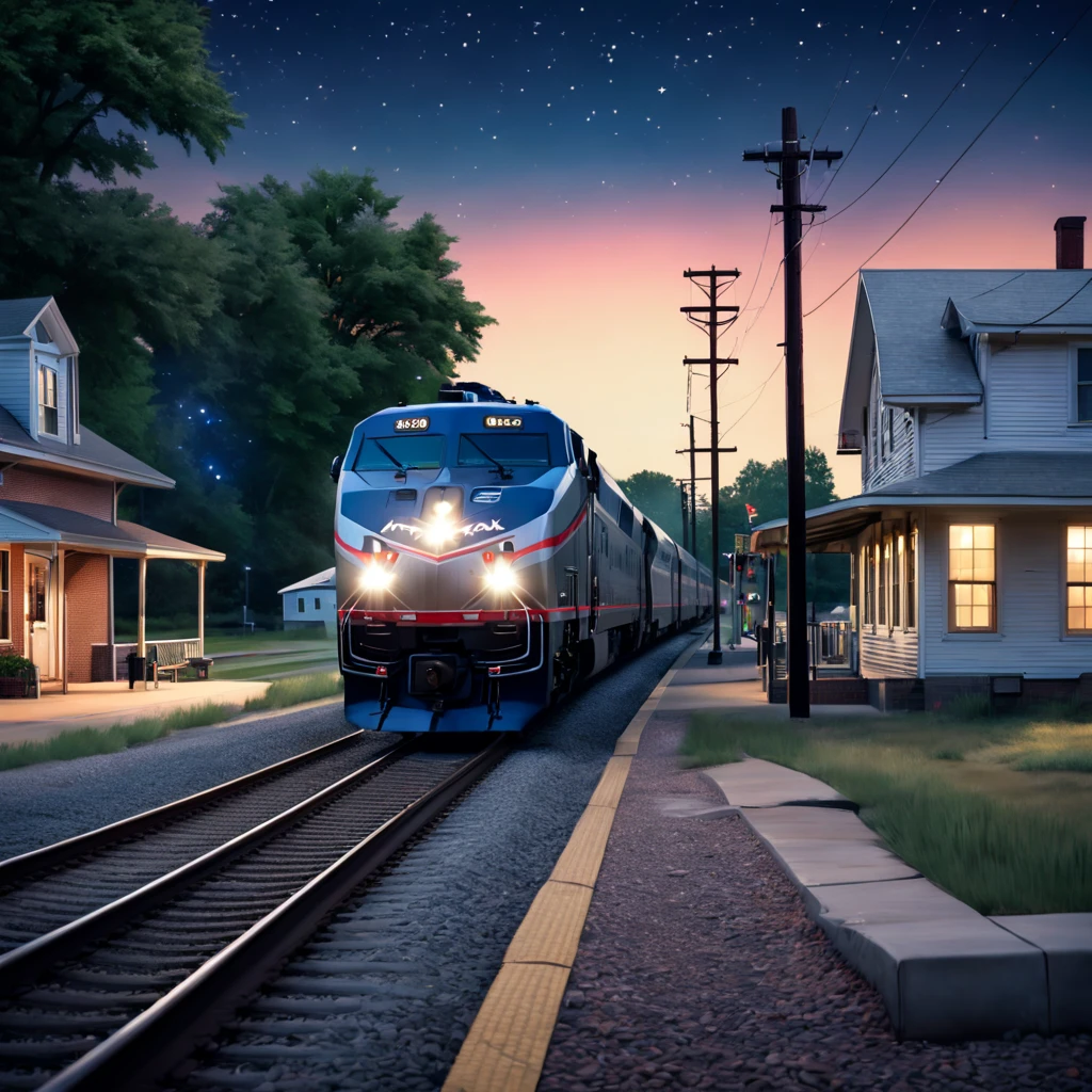 american amtrak train pulls up to a small township station, north usa, modern days, summer, warm starry night, realistic, photorealistic, cinematic, soft light, soft colors