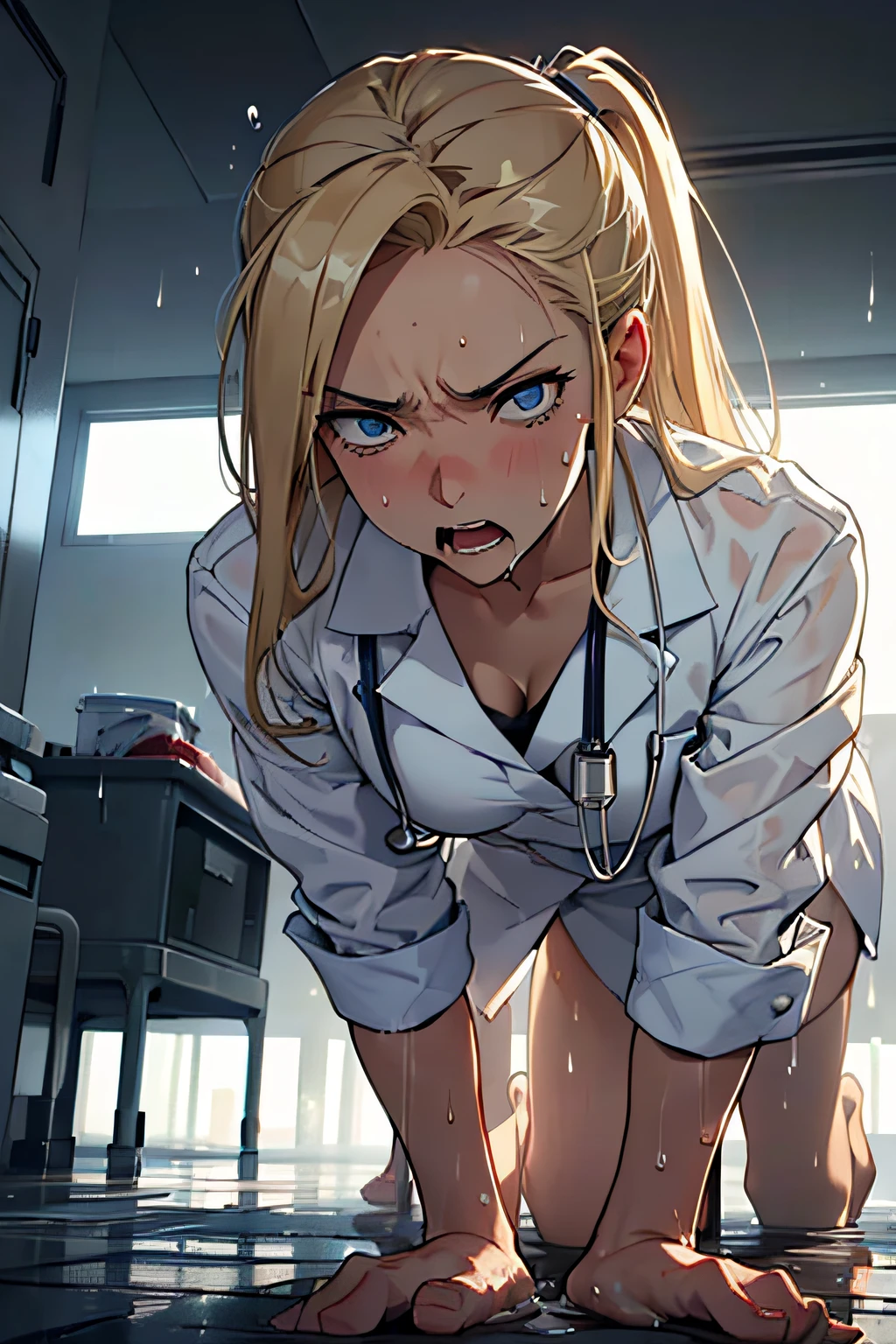 ((32-year-old lower body wet doctor woman)),Female doctor's clothes、The whole picture、Long blond hair、Blue eyes、at hospital、on all fours、((Angry look))、((Close your eyes and be patient)) ,Love Juice,Forced orgasm,Squirt,penetration ,Ecstasy