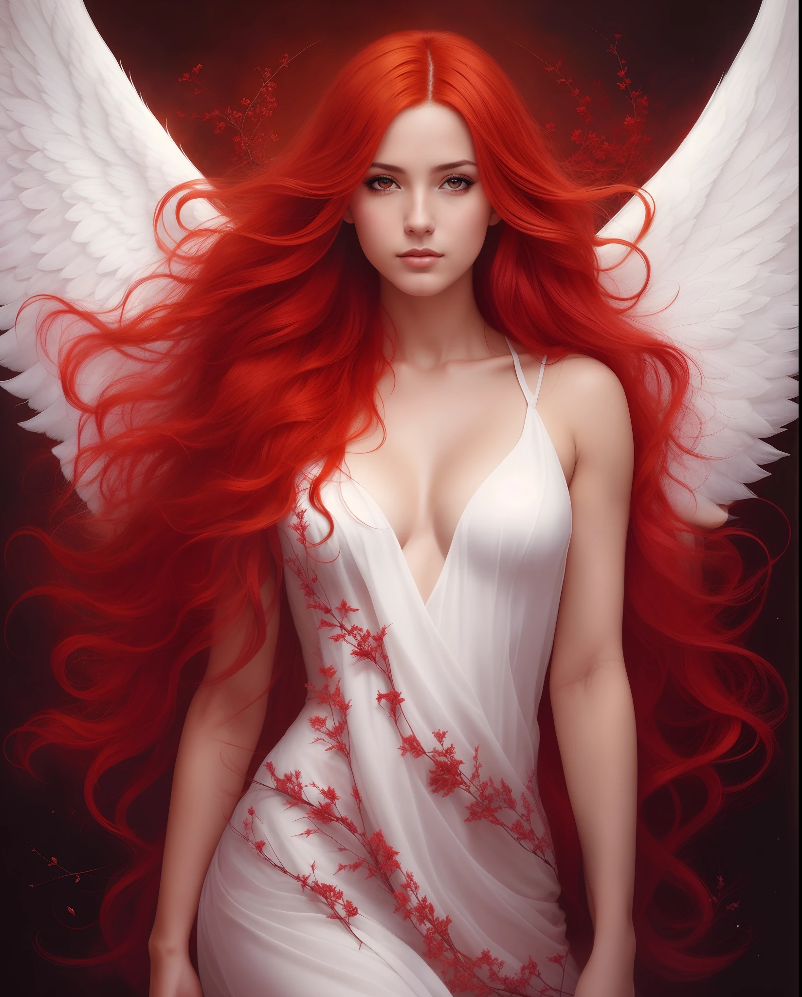 A woman with red hair and angel wings is posing for a photo, Deusa dos cabelos ruivos, anjo feminino bonito, Retrato de um anjo bonito, anjo bonito, de anjo lindo, Alena Aenami e Artgerm, de uma anjo bonita, Neoartcore e Charlie Bowater, artgerm', No estilo de Anne Stokes, karol bak uhd