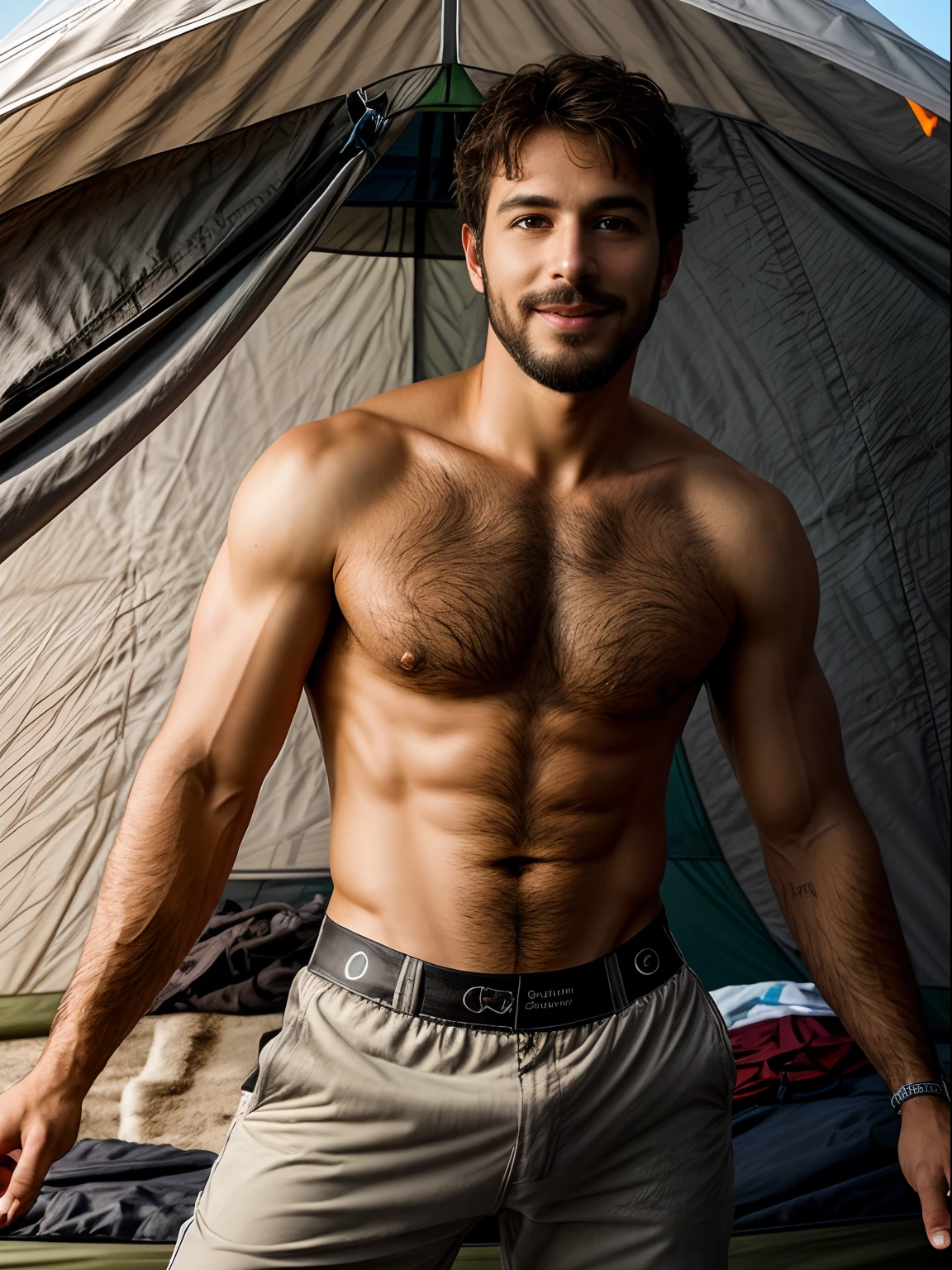 masterpiece, best quality, high resolution, closeup portrait, male focus, solo focus, a man, hiker, 25 years old, bare chest, dimples, pretty face, attractive, cute smirk, short trimmed mustache and goatee, hairy legs, in a tent, in the background a tent, amazing composition, front view, HDR, volumetric lighting, ultra quality, elegant, highly detailed