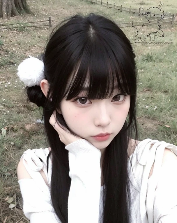 Arafed Asian girl with long black hair and a white shirt, preto hime corte cabelo, Ulzzang, branco hime corte penteado, Menina anime na vida real, O corte Hime, Sui Ishida com cabelo preto, cabelo arrumado com franja, Ela tem cabelo preto com franja, bonito rosto de anime natural, Shikami, cabelo preto longo com franja