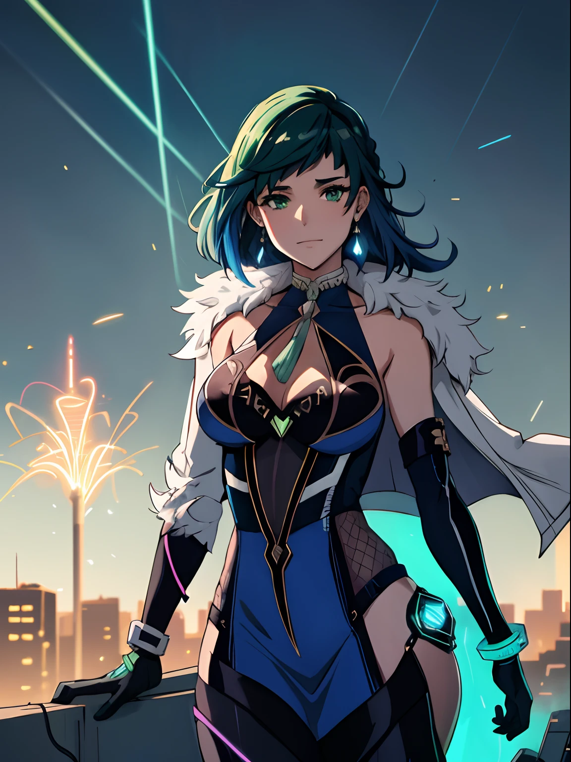 Cena do filme, Mulher vestida como Lanterna Verde da DC, extremamente detalhado, futuristic cityscape, noite, glowing neon lights, smoke billowing, Sparks, Metal shavings, Detritos voadores, efeitos da energia azul, volumetric light