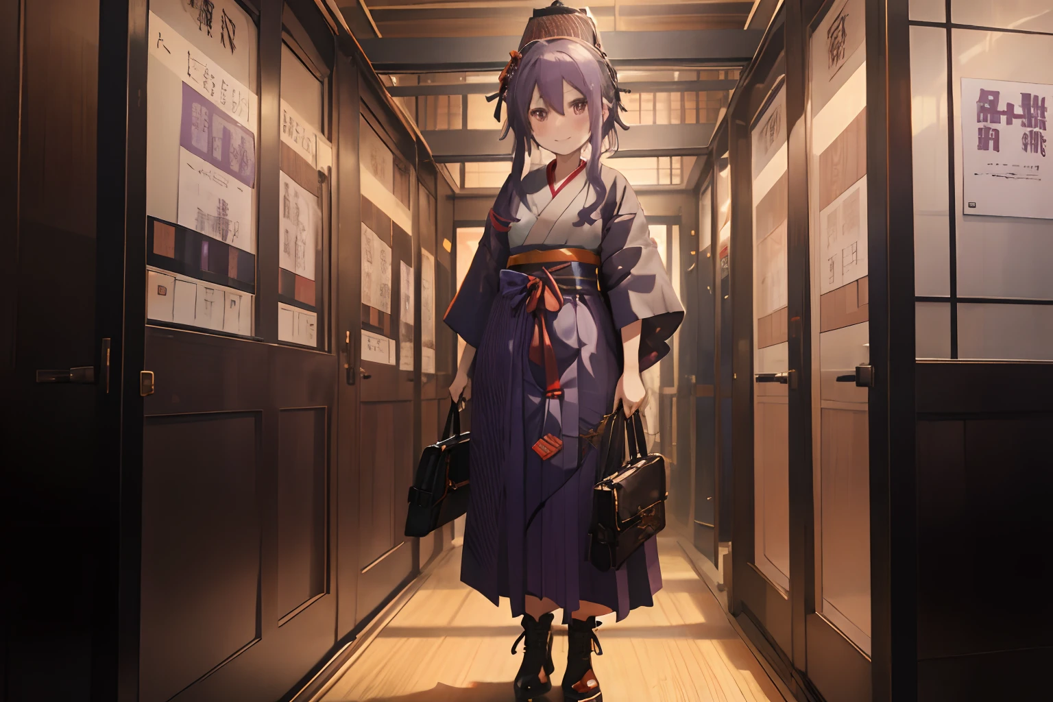 Scenery of the Meiji era,Hakama,Black High Heel Boots,Light brown or pale purple hair,Orange Eyes,The hakama has a staggered or checkered pattern,I have a black shiny business bag.,An elevator with a modern design shaped like a giant birdcage,Standing in front of an elevator,The entrance is lattice-shaped...,red tide,Shy smile,